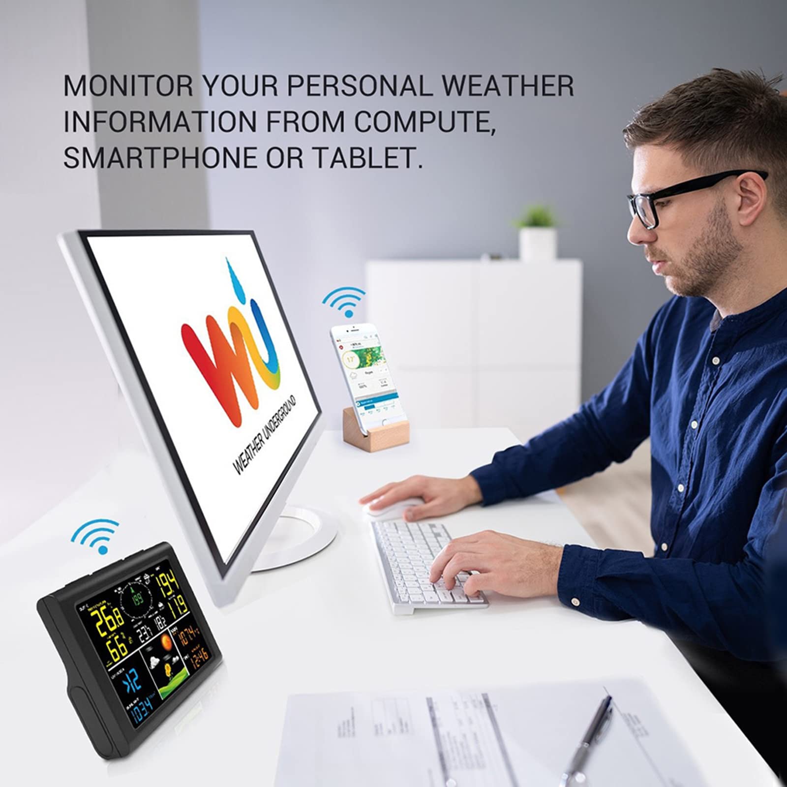 Estación meteorológica WiFi 7 en 1 con Internet inalámbrico y Sensor para exteriores, termómetro para interiores y exteriores, humedad, pluviómetro, anemómetro, registros de Valore
