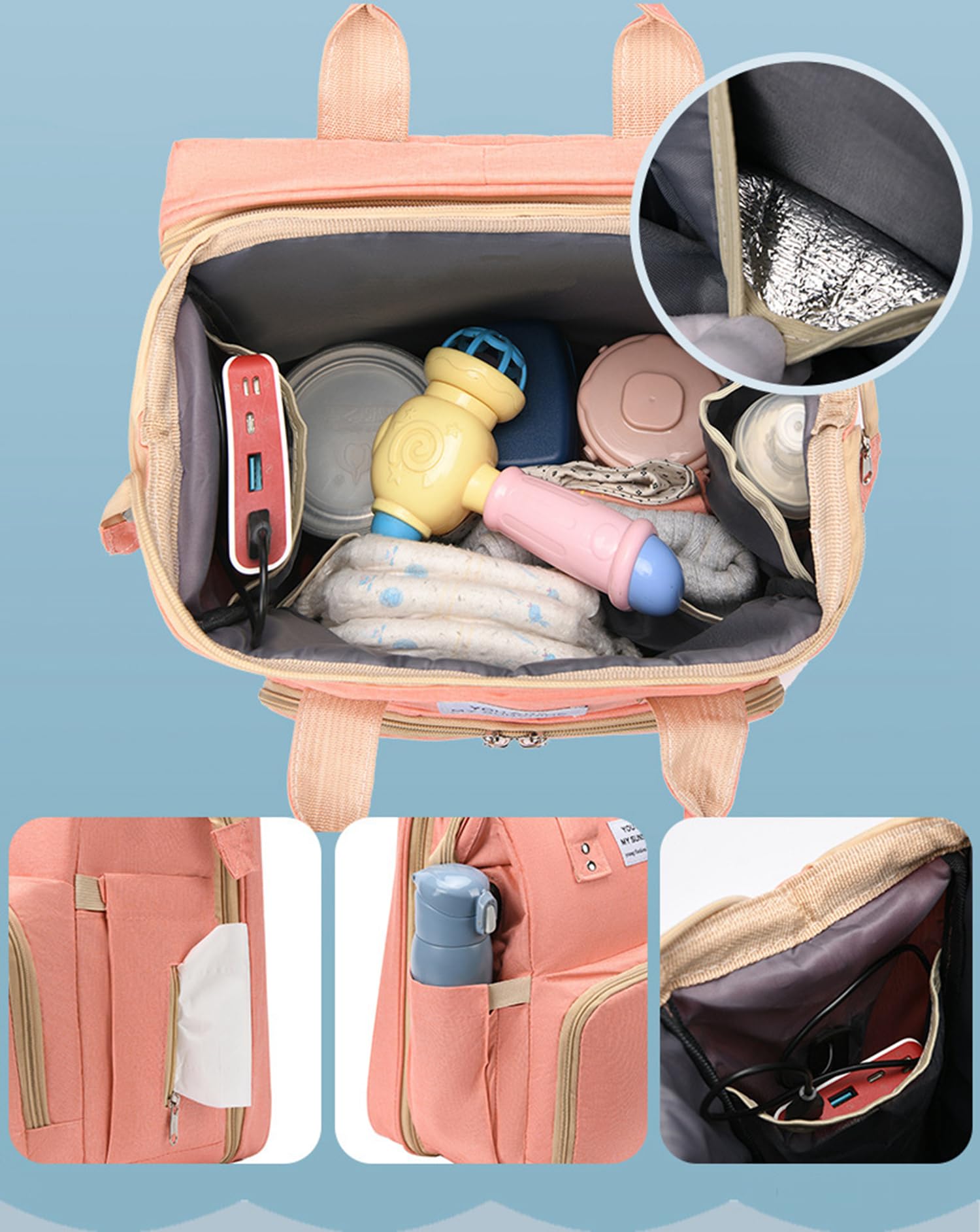 Mochila para pañales con cambiador, cambiador, puerto de carga USB, bolsillos aislados, correas para cochecito