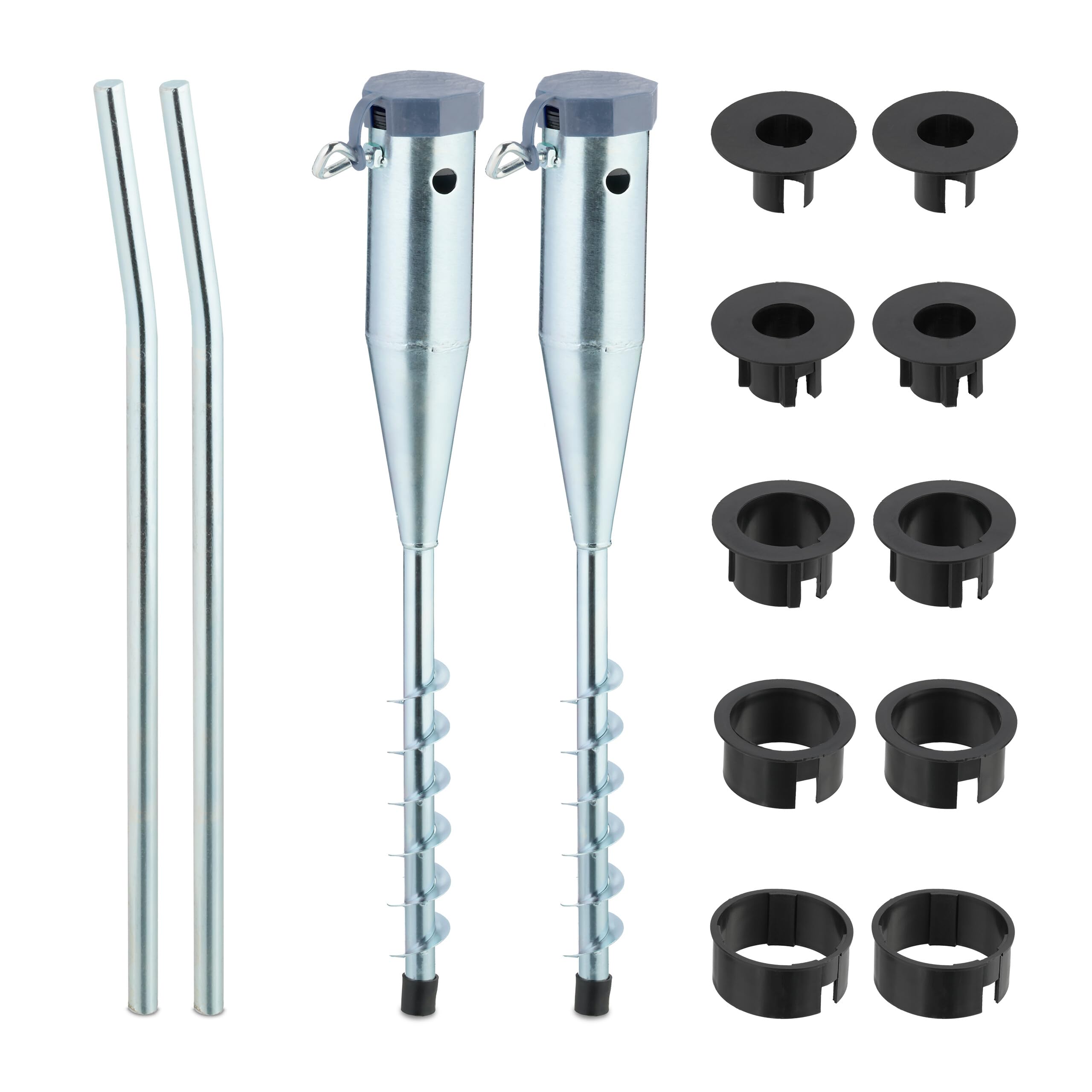 Relaxdays Parasol Anchor, Set of 2, Umbrella & Rotary Dryer, Ground Spike, Screw In, 25-55 mm, Pole Holder, Silver/Grey