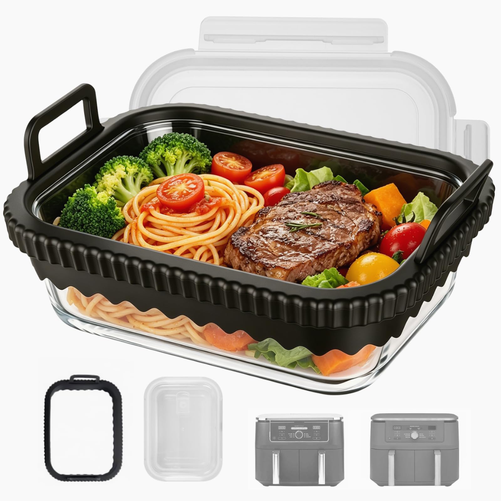 VINATO Bandeja de Vidrio con Tapa para Air Fryer, 2,7 L – Molde de Vidrio Borosilicato para Freidora de Air, Accesorio Compatible con Ninja AF400EU, DZ400EU, AF500EU, Fuente Rectangular para Horno