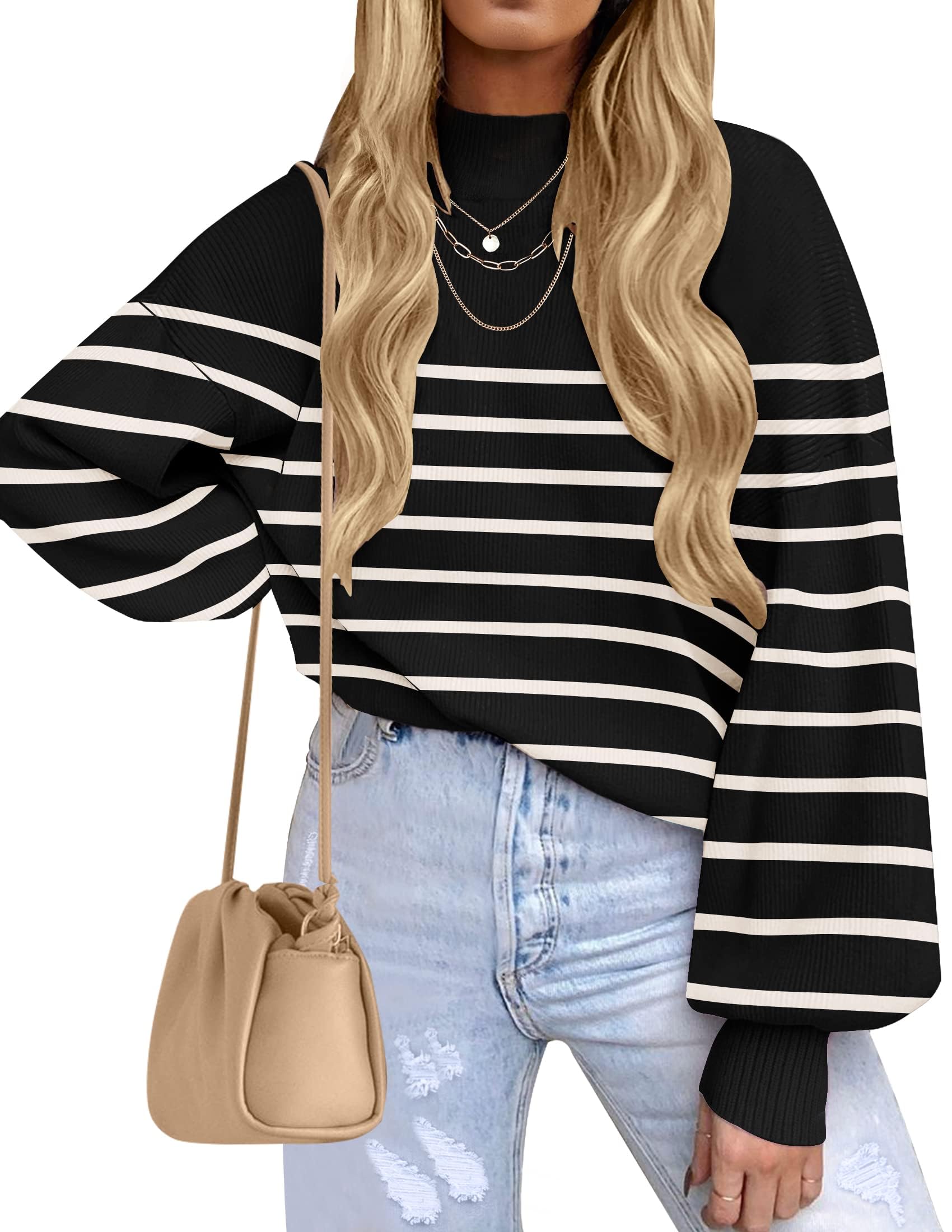ZESICA Women's 2026 Fall Striped Pullover Sweaters Tops Fashion Outfits | Checkered, Mock Neck, Oversized, Trendy Casual Loose Fit, Cute, Chunky Cozy Holiday Winter Clothes
