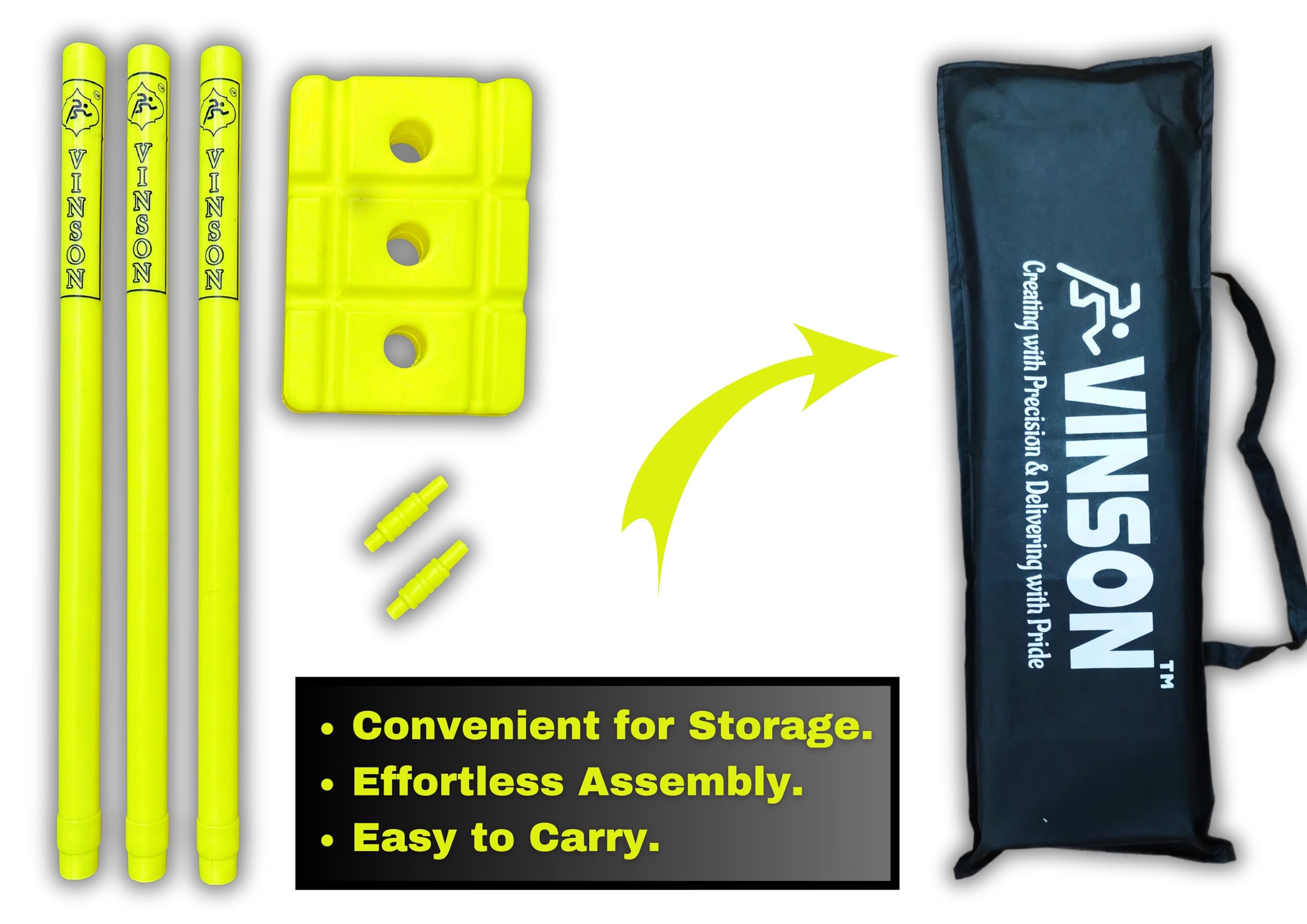 Vinson Senior Heavy Duty Cricket Stumps Set with Zipper Carry Bag for Kids & Adults, Color - Lemon Yellow, Weight - 750 gm, No Water/Mud Needed to Increase The Weight of The Base. 1