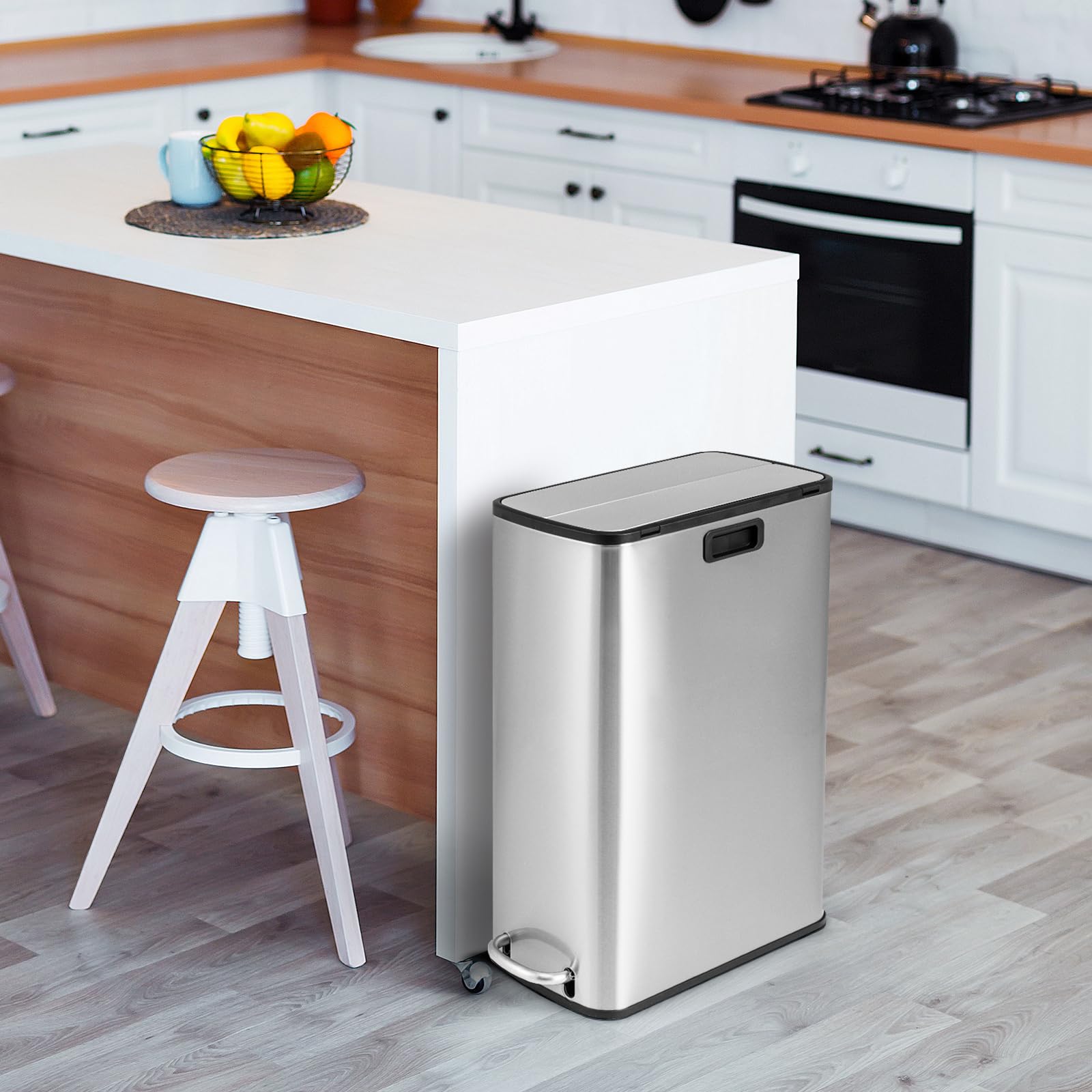 COSTWAY 46L Mülleimer Edelstahl, Küchenabfalleimer mit 2 Deckeln & Pedal & Griffe, Treteimer mit herausnehmbarem Inneneimer, Abfalleimer für Küche, Wohnzimmer, Badezimmer, Büro, 52 x 26 x 68 cm