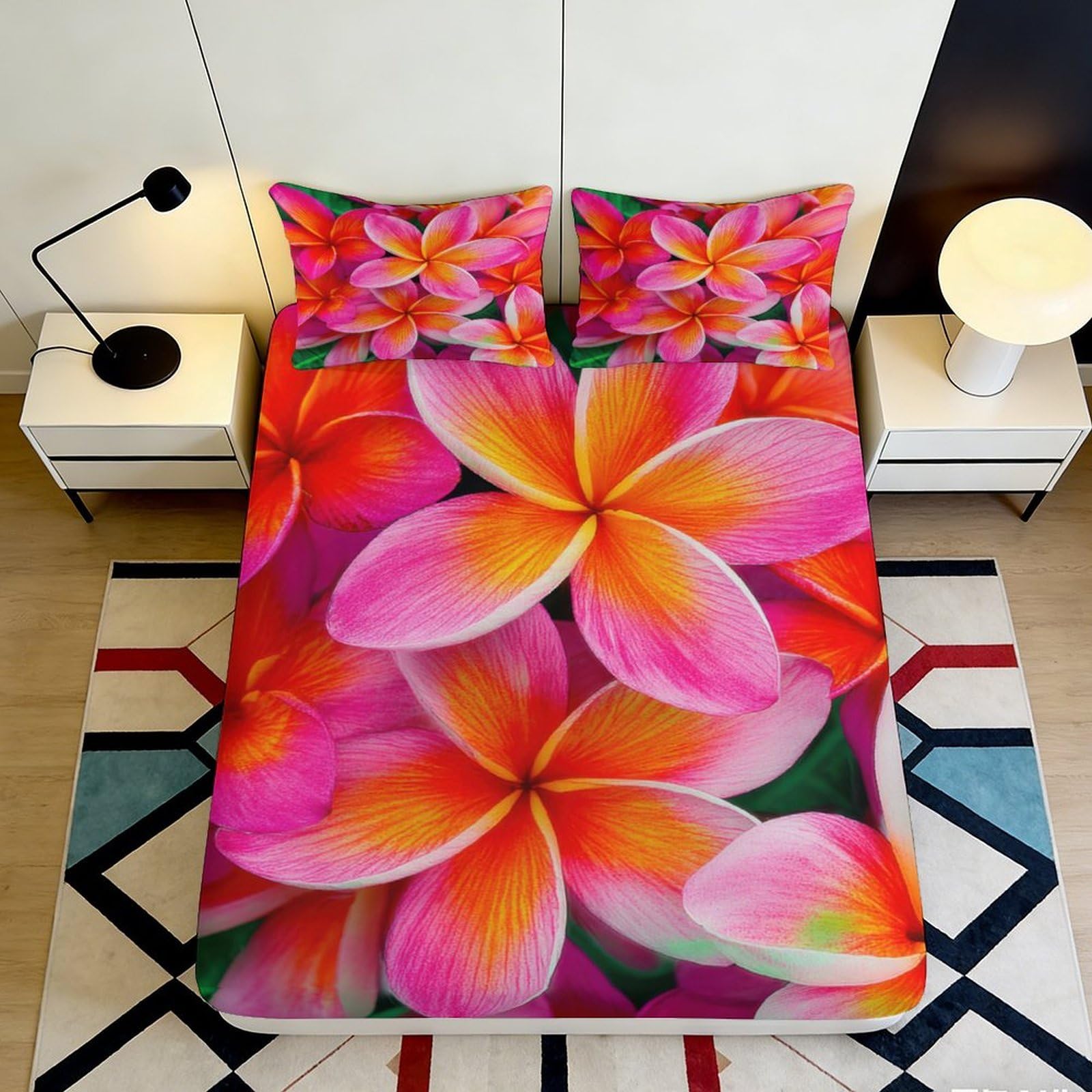 3D Printed Tropical Blossom Fitted Sheet Microfiber Pink Orange Plumeria Mattress Cover for Bedroom Dorm Décor 90x200x25cm