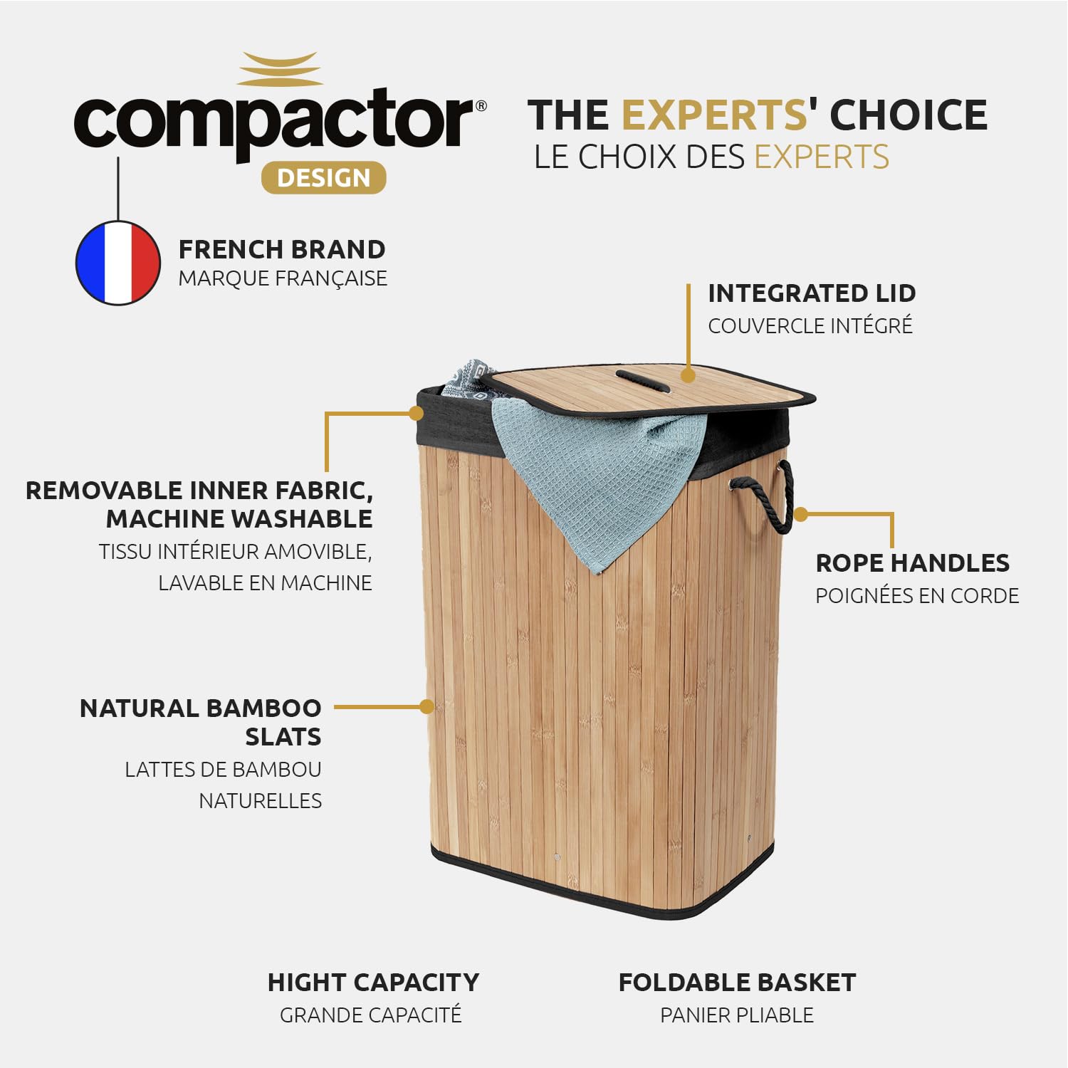 COMPACTOR - Panier à linge pliable en bambou avec couvercle - Tissu intérieur noir lavable - Poignées en corde - Format compact 40 x 30 x H60 cm - Design naturel et élégant