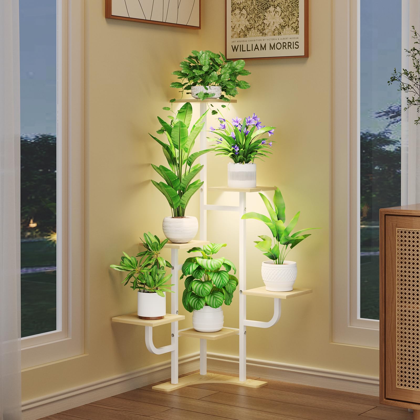 Homsorout Corner Plant Stand with Grow Light - 6 Tier Plant Stand Indoor Square Metal Plant Shelf with Adjustable Light, Plant Organizer for Living Room, Garden, Home Decor, Maple