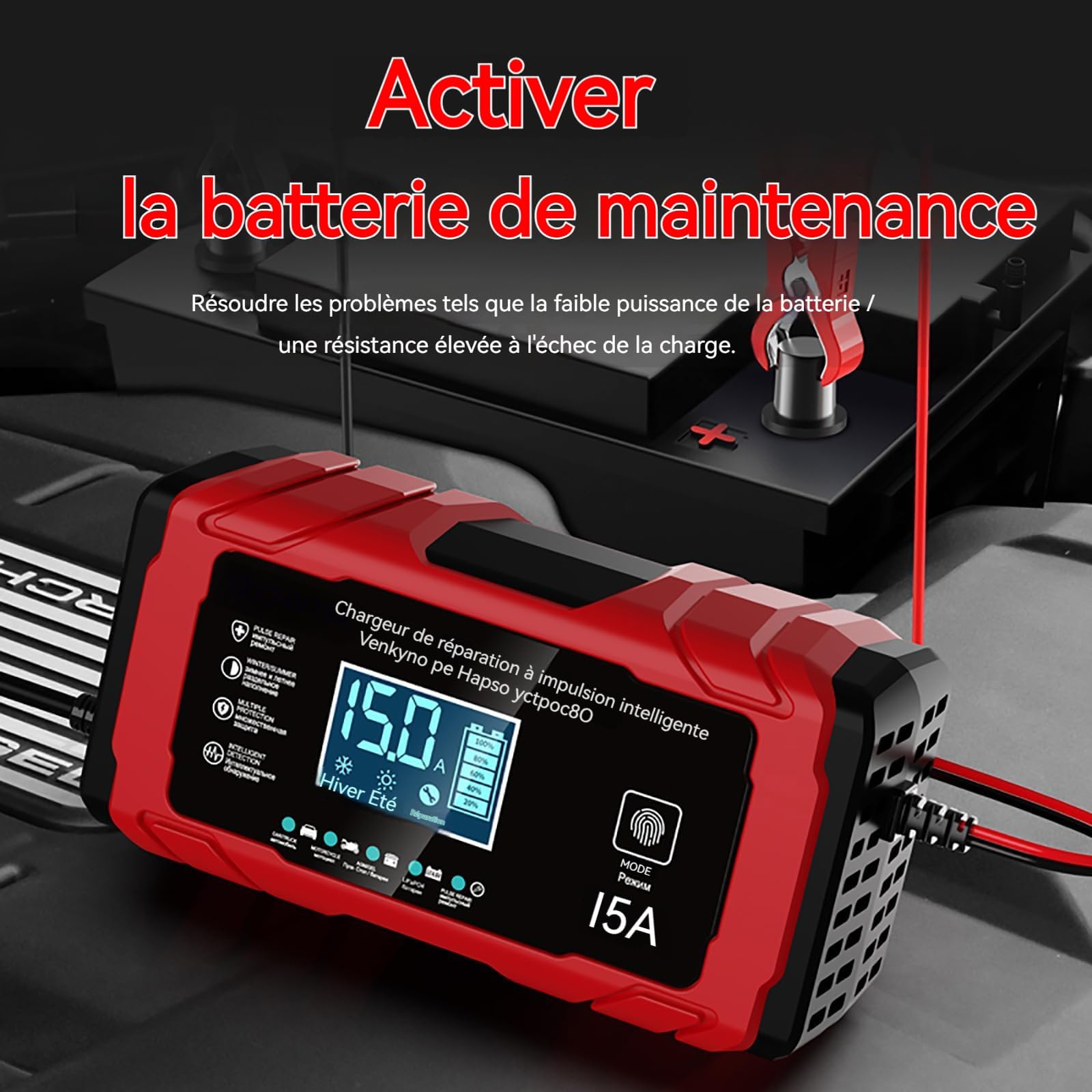 Chargeur Batterie Voitures 12V/24V 15A, avec Compensation de Température,Booster Batterie Universel Intelligent, Maintien de Charge Sûr Et Efficace, pour Voiture, Camion, Moto (Rouge)