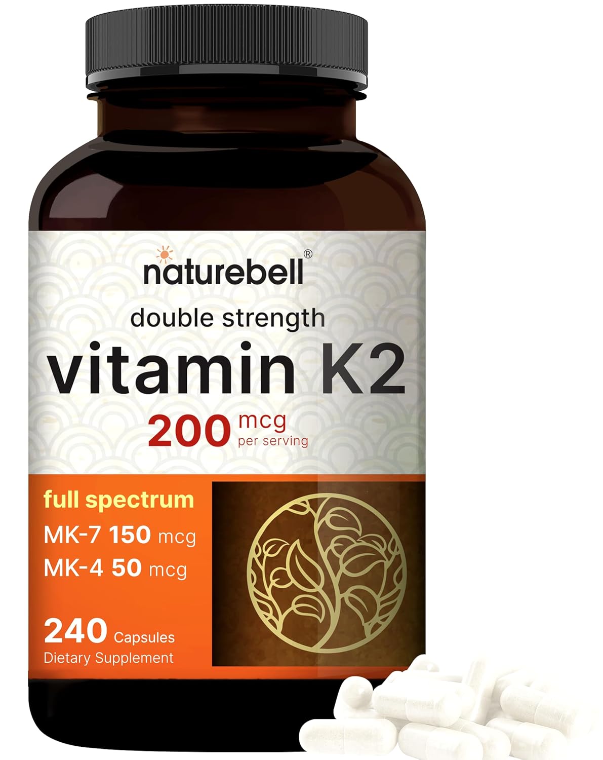 Suplemento de Vitamina K2 NatureBell Completo com MK-7 e MK-4, 200 mcg, 240 Cápsulas – Fórmula 2 em 1, Complexo de Vitaminas K – Suporte para Saúde Óssea, Articular e Cardíaca – Sem OGM
