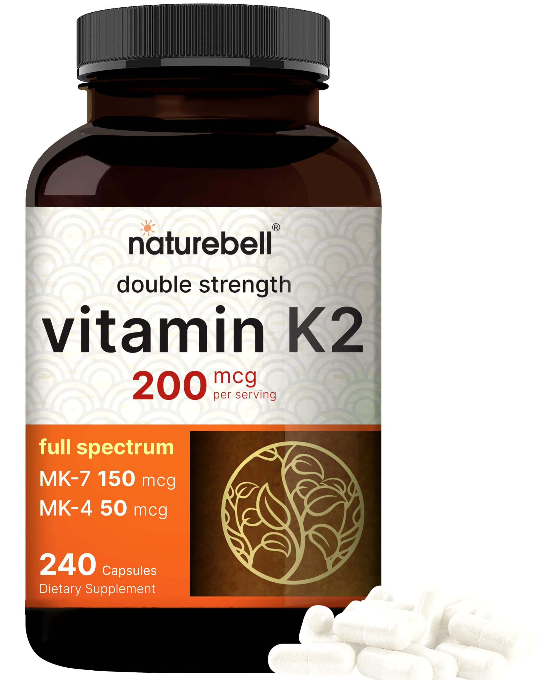 NatureBell Full Spectrum Vitamin K2 Supplement with MK-7 & MK-4, 200 mcg, 240 Capsules | 2 in 1 Formula, K Vitamins Complex – Supports Bone, Joint, and Heart Health – Non-GMONatureBell Full Spectrum Vitamin K2 Supplement w…