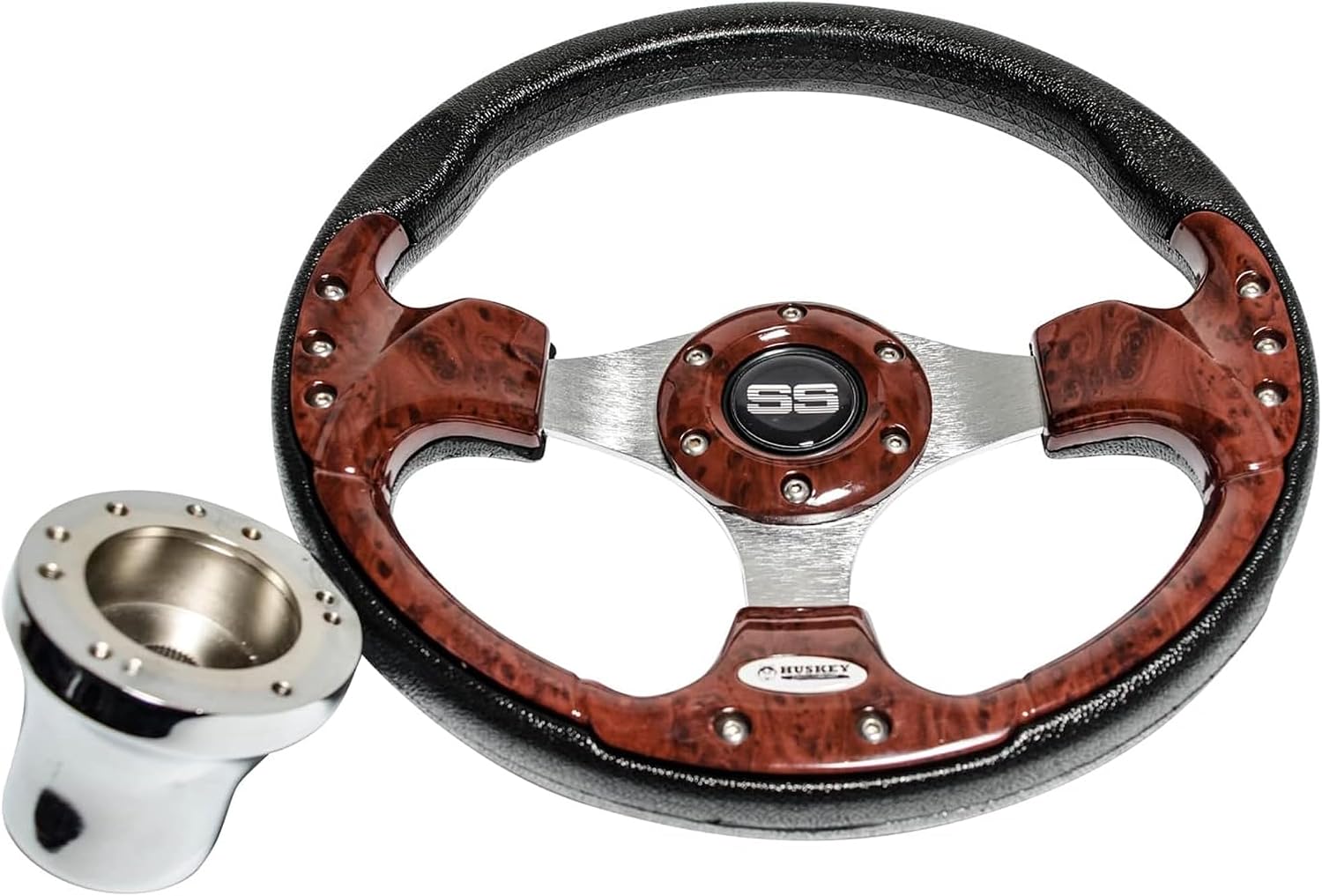 Huskey 12.5 Inch Vintage Wood Grain Golf Cart Steering Wheel for Club Car Precedent,Tempo & Onward 2004-Up G&E Models, Classic look,SS Center Logo, Brushed Aluminum Spokes and Anti-Slip Grip