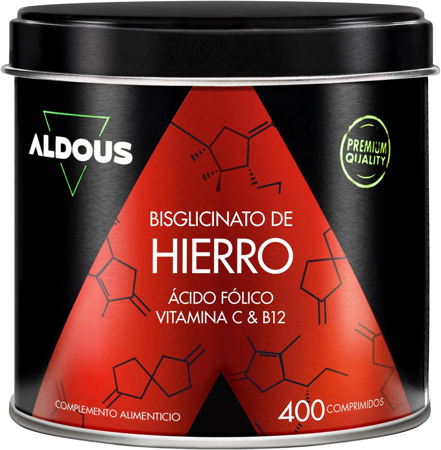Hierro Suplemento 28 mg + Vitamina C, B12 y Acido Folico - 400 Comprimidos - Bisglicinato de Hierro y Vitamina C - Glóbulos Rojos, Hemoglobina - Vitaminas para el Cansancio - Vegano - Iron - Aldous