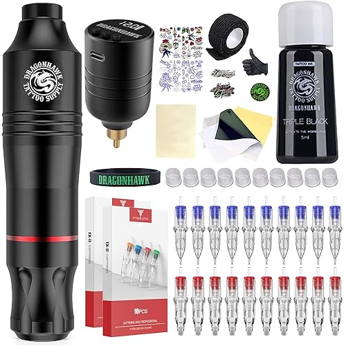 Dragonhawk Atom Wireless Tattoo Gun Pen Machine Kit - Complete Beginner Tattoo Kit with 20 Cartridge Needles, Battery Power Supply for Lining Shading