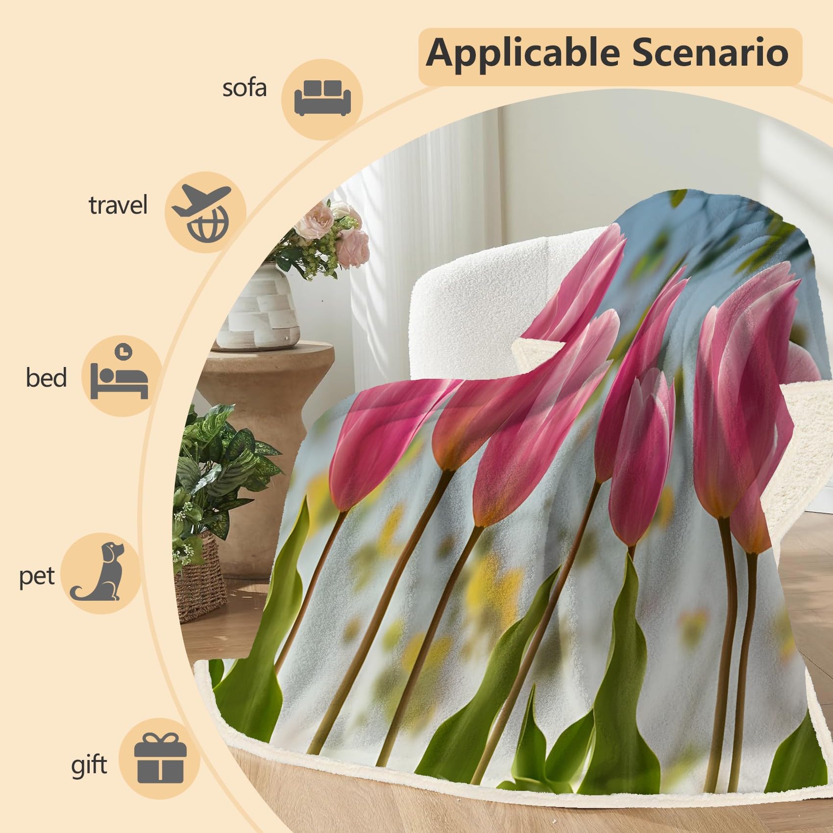 Rosa Tulpe Fleecedecke 130x150 cm – Extra dick & kuschelweich, Flowers Flauschige Decke für Einzelbett, Sofa & Wohnzimmer, Überwurf