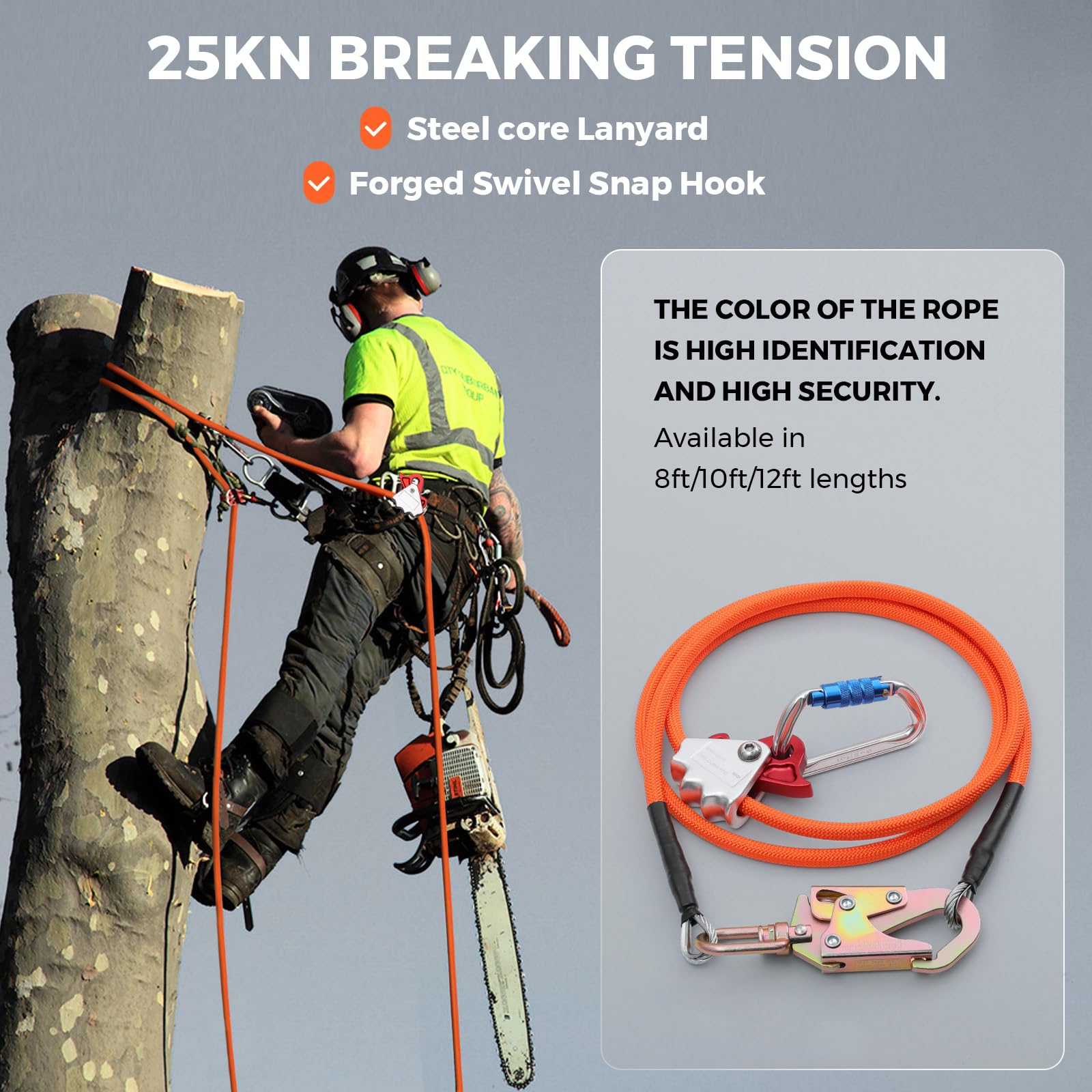 Cuerda de escalada de árbol de 1/2 pulgada x 12 pies con núcleo de acero con mosquetón de triple bloqueo, cierre giratorio de acero para protección contra caídas, mejor agarre, resistente a los