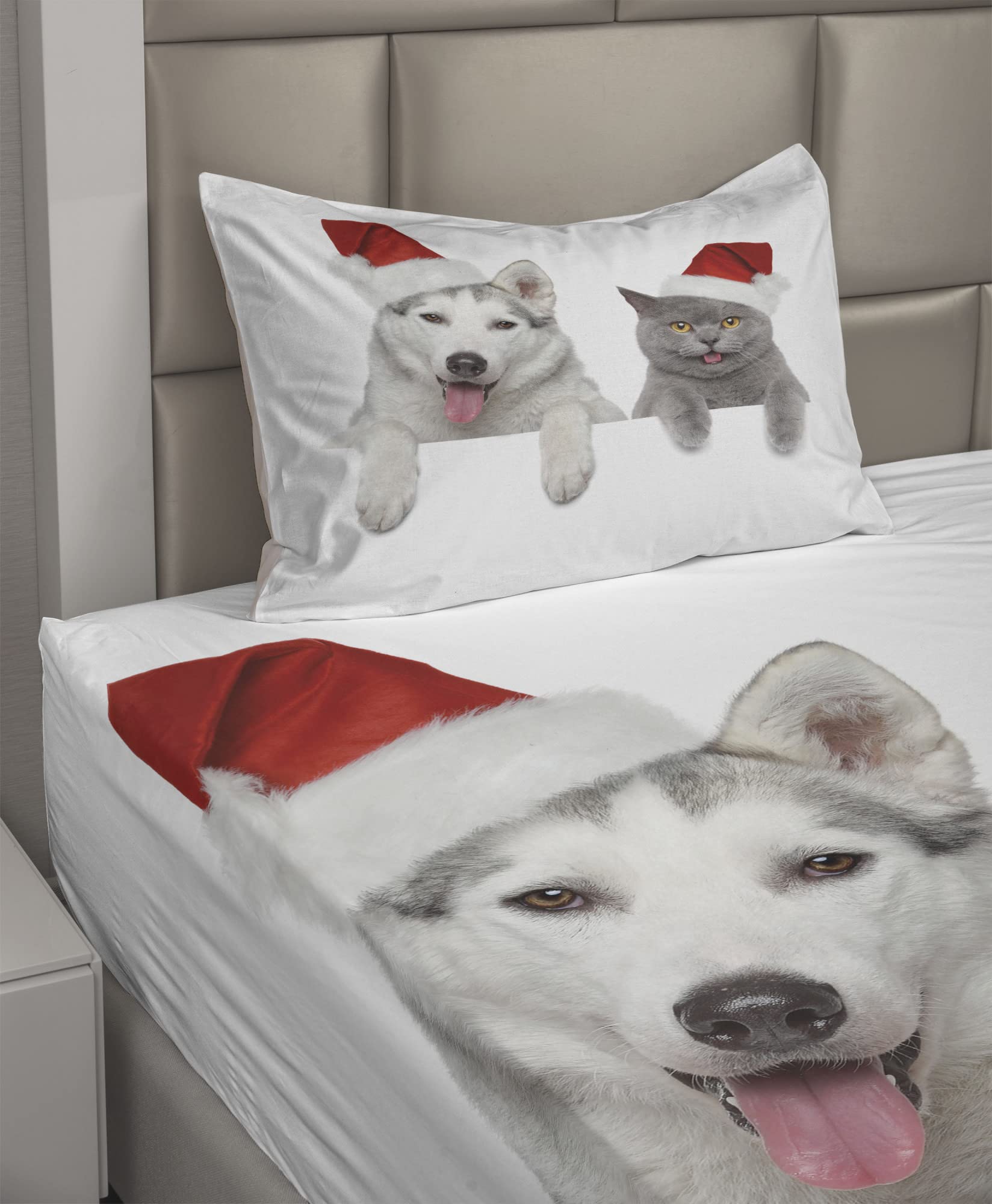 Ambesonne Christmas Sheet Set, Dog and Cat in Santa Hats Funny Puppy and Kitty Domestic Pet Animal, Fitted and Flat Sheet with Pillowcase Bedding Accent 3 Piece Set, Twin, White Grey