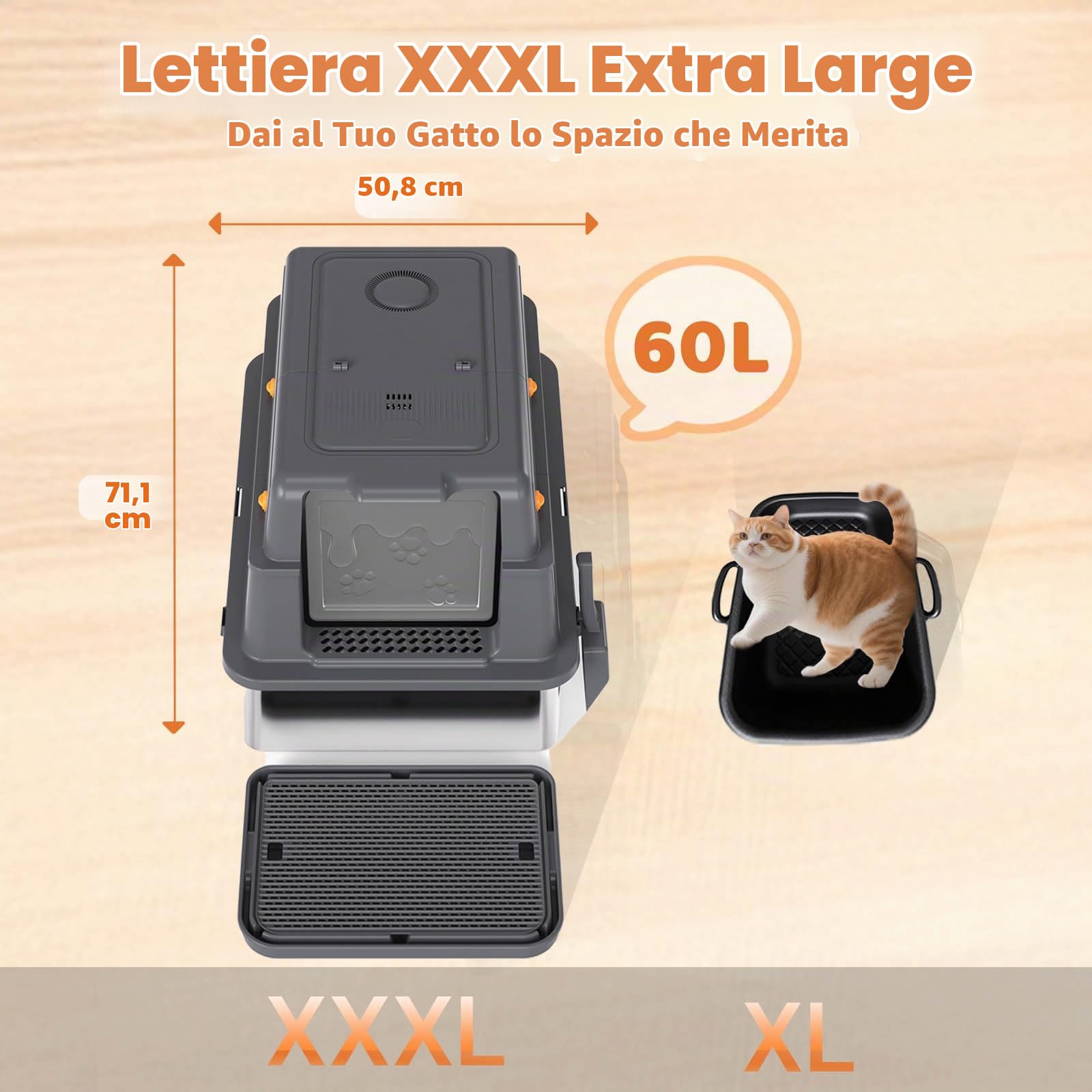 Homegroove XXXL - Lettiera per gatti in acciaio inox con coperchio, 70 x 50 x 45 cm, extra grande, con pala e pedale, in metallo chiuso, per gatti di grandi dimensioni e casette, anti-beccuccio