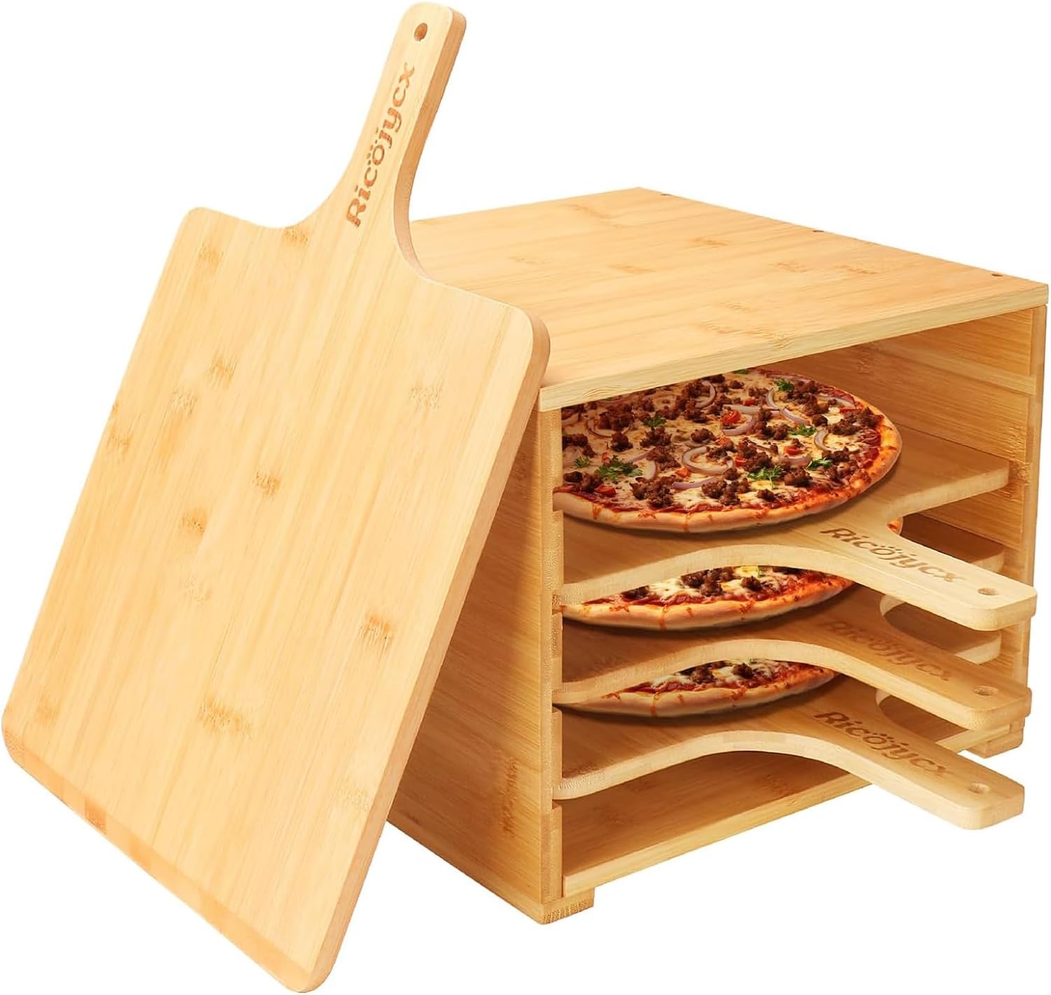 Multilayer Bamboo Pizza Peel Rack, Contain 4 x 12 Inch Non-Stick Bamboo Pizza Boards, Pizza Paddle Stand for Easy Storage and Baking Multiple Pizzas and Bread Multilayer Bamboo Pizza Peel Rack, Contain 4 x 12 Inch Non-Stick Bamboo Pizza Boards, Pizza Paddle Stand for Easy Storage and Baking Multiple Pizzas and Bread