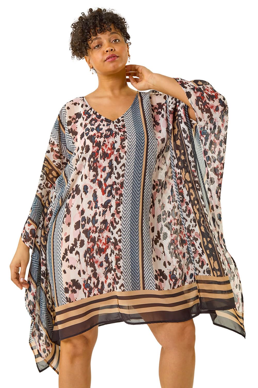 Roman Curve Floral Border Print Kaftan for Women UK - Ladies Everyday Holiday Spring Summer V-Neckline Comfy Soft Evening Vacation Work Party - Natural Plus - Size 20