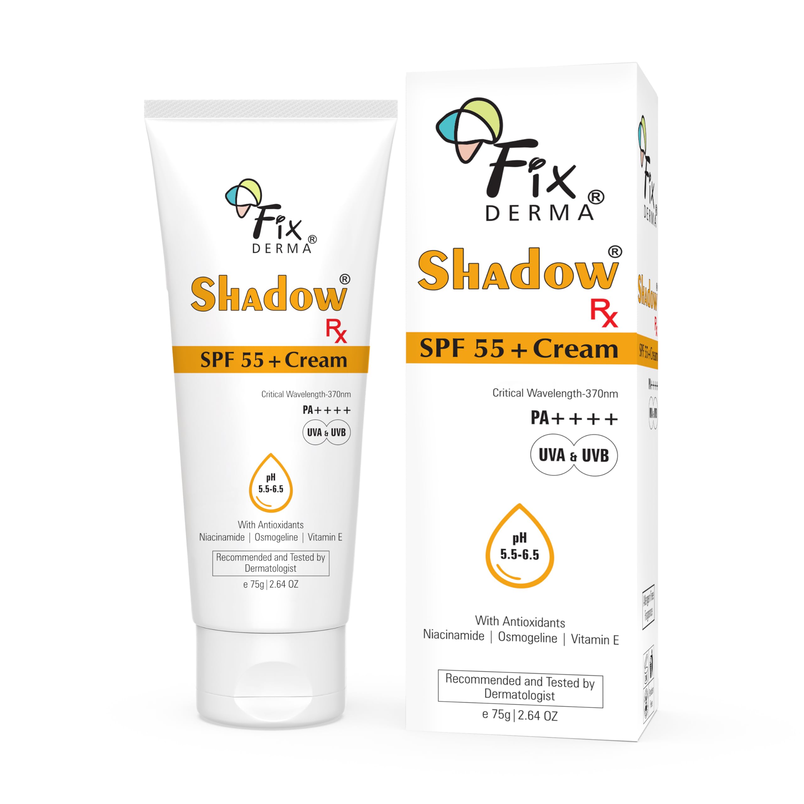 Fixderma Shadow RX Sunscreen SPF 55+ Gel PA+++ | Oily Skin Sunscreen | Hybrid Sunscreen with UVA, UVB, IR Protection and Vitamin E - 75gm