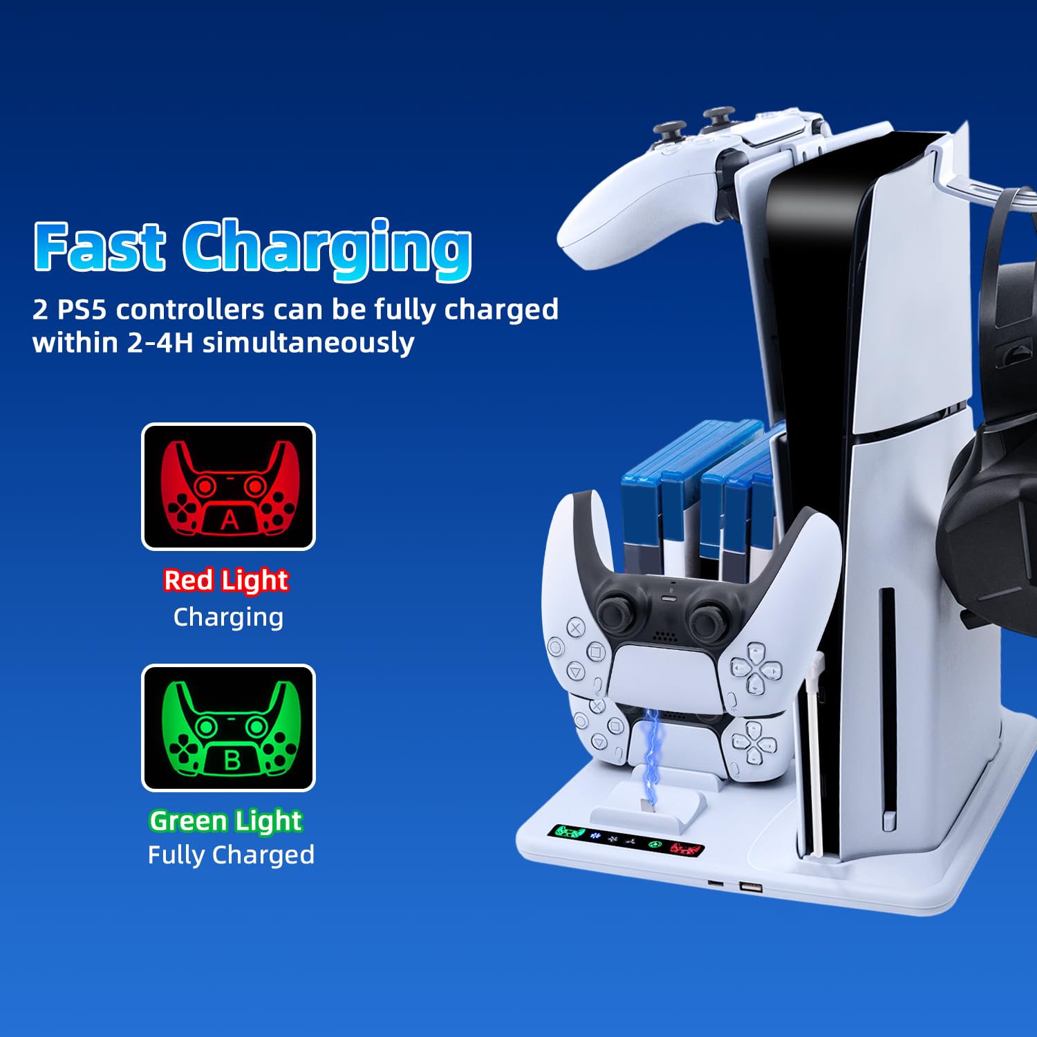 Wigearss Supporto Verticale PS5 Slim Raffreddamento con Doppio Caricatore Controller, Base di Ricarica Joystick PS5 con Ventola Raffreddamento per PS5 Slim Disc/Digital Edition, Non per PS5/PS5 Pro