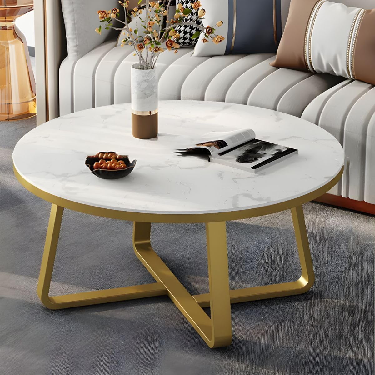 Modern Round Coffee Table with Faux Marble Top and Gold Metal Frame – Contemporary Center Table for Living Room, Small Space Accent Cocktail Table for Apartment (White & Gold)-image-15