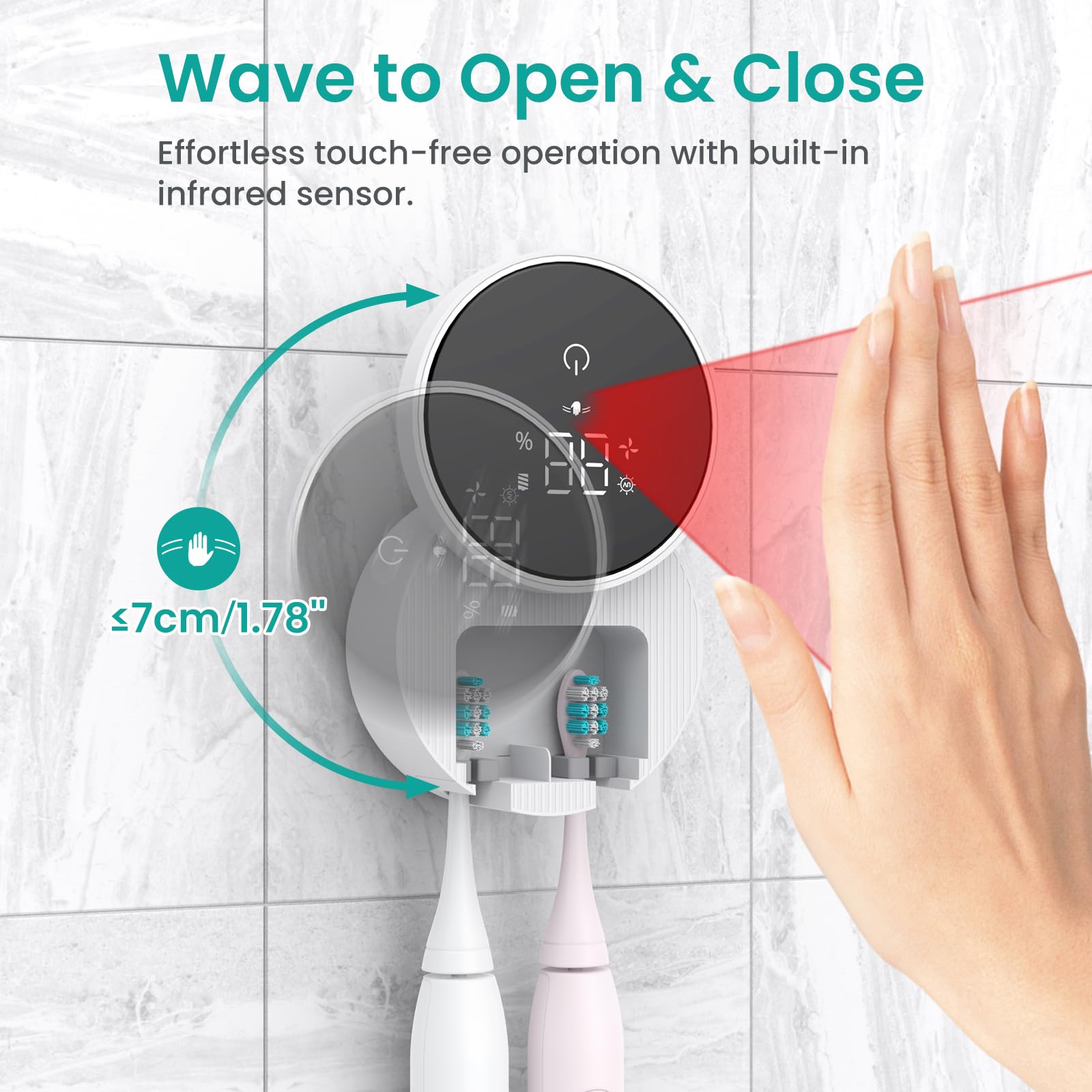 LifeBasis Porte-Brosse à Dents Électrique UV, Désinfection UVC/UVA avec Séchage à Air Chaud, Ouverture Automatique par Capteur, Support Mural pour 2 Brosses à Dents