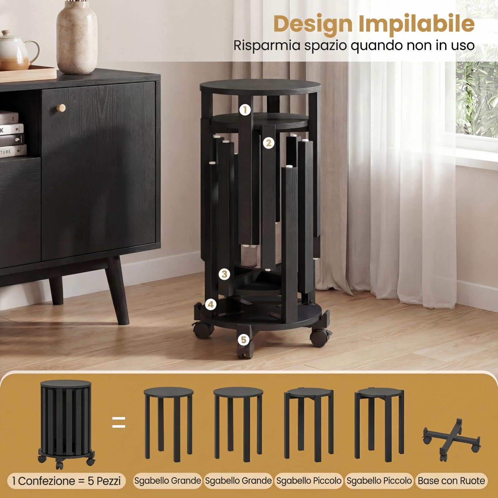 COSTWAY Set di 4 Sgabelli Impilabili 4 in 1, Sgabelli in Legno con Portavaso con Rotelle, 2 Grandi Ø36 cm e 2 Piccoli Ø35 cm, Tavolino Laterale Rotondo per Soggiorno e Camera da Letto (Nero)