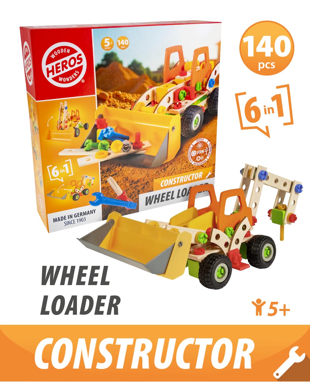 HEROS Constructor HE0011-6 in 1 Radlader, 140 Teile | Holz-Konstruktionsspielzeug mit Werkzeug, 6 verschiedene Baustellenfahrzeuge, FSC®-zertifiziert, Made in Germany, 5+