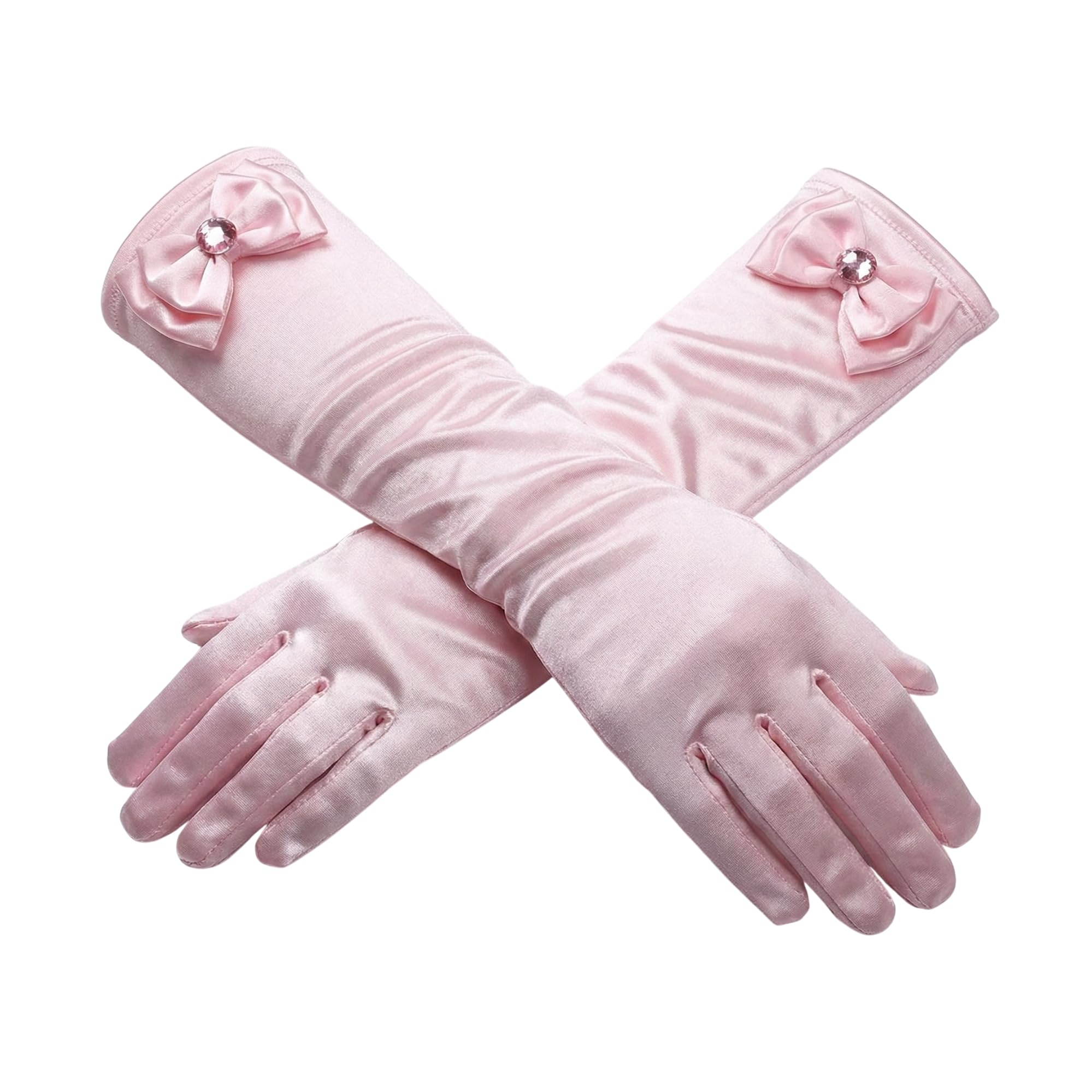 This Trendy Swan Girls Baby Pink Long Satin Gloves With Bowknot, Princess Dress Gloves For Wedding, Communion, Birthday, Party, Prom, Pageant (Baby Pink)