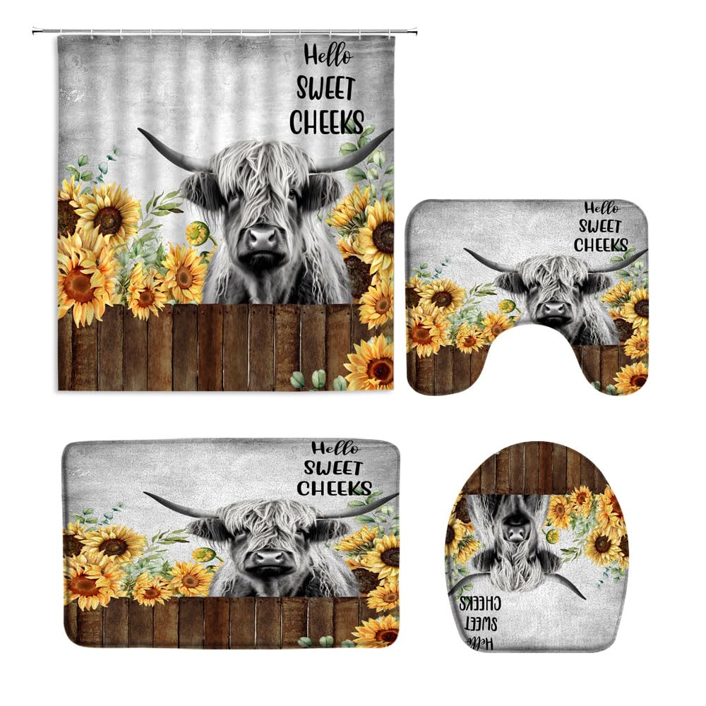 4 Pcs Highland Cow Shower Curtain Sets with Rugs,Cute Bull Cattle Rustic Sunflower Western Farmhouse Animal Hello Sweet Cheeks Bathroom Set with Hooks(Bath Mat,U Shape and Toilet Lid Cover Mat)