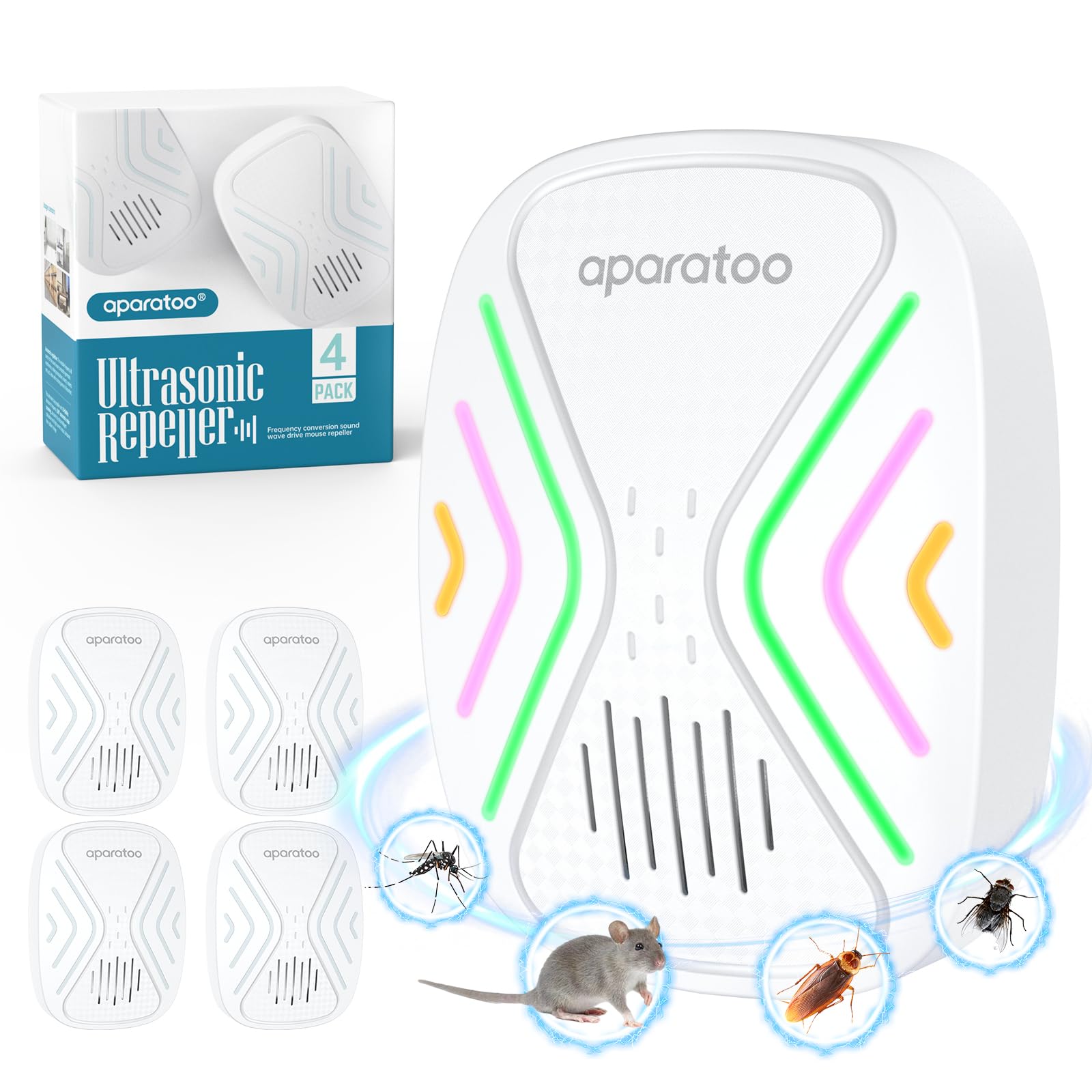 Repelente Ultrasónico de Plagas 4 Paquetes, Repelente Ultrasónico Antiparasitario Electrónico Repelente Mosquitos Insectos Control para Interiores Anti Cucarachas, Moscas,Mosquitos,Ratones,Arañas