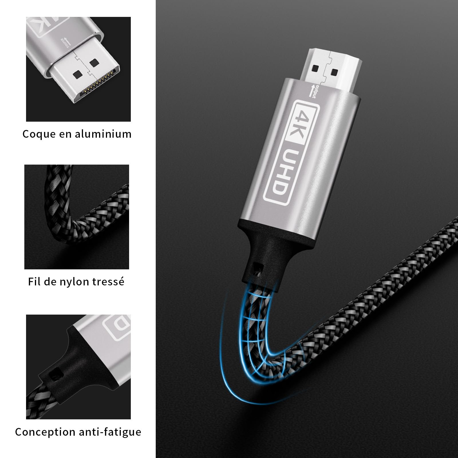 DisplayPort vers HDMI, Câble 4K displayPort vers hdmi 2M unidirectionnel DP vers hdm i,displayPort hdmi tressé en Nylon compatible avec les ordinateurs,PC,Dell,HDTV,projecteur AMD NVIDIA