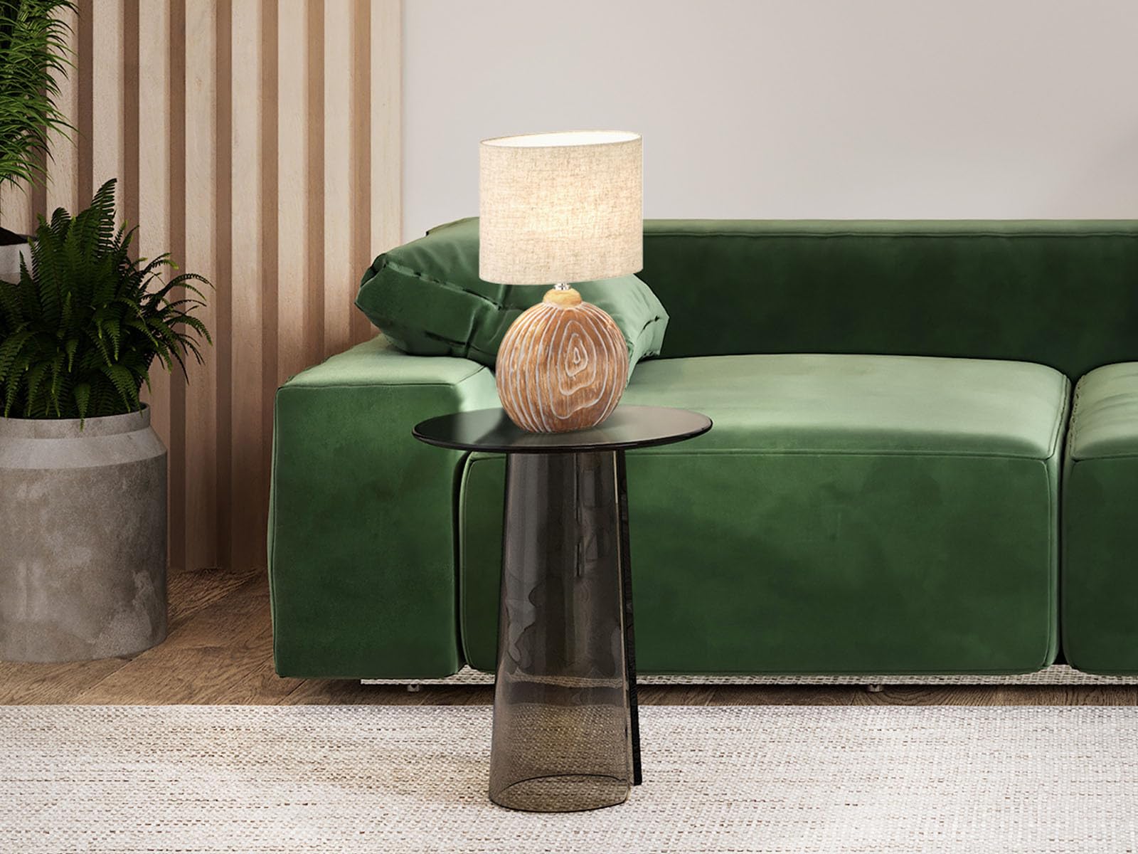 meineWunschleuchte Tischlampe mit Keramikfuß Holzfarben & Lampenschirm Leinen Beige, 53cm groß