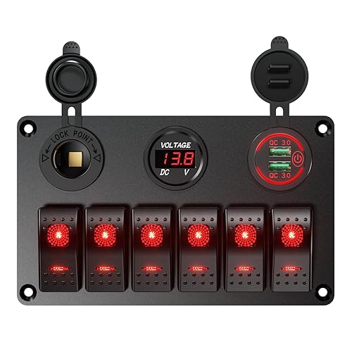 Interruptor de roker de barco marino impermeable, panel de aluminio de 6 cuadrillas con cargador de coche USB dual DC12-24V 36W y voltímetro digital