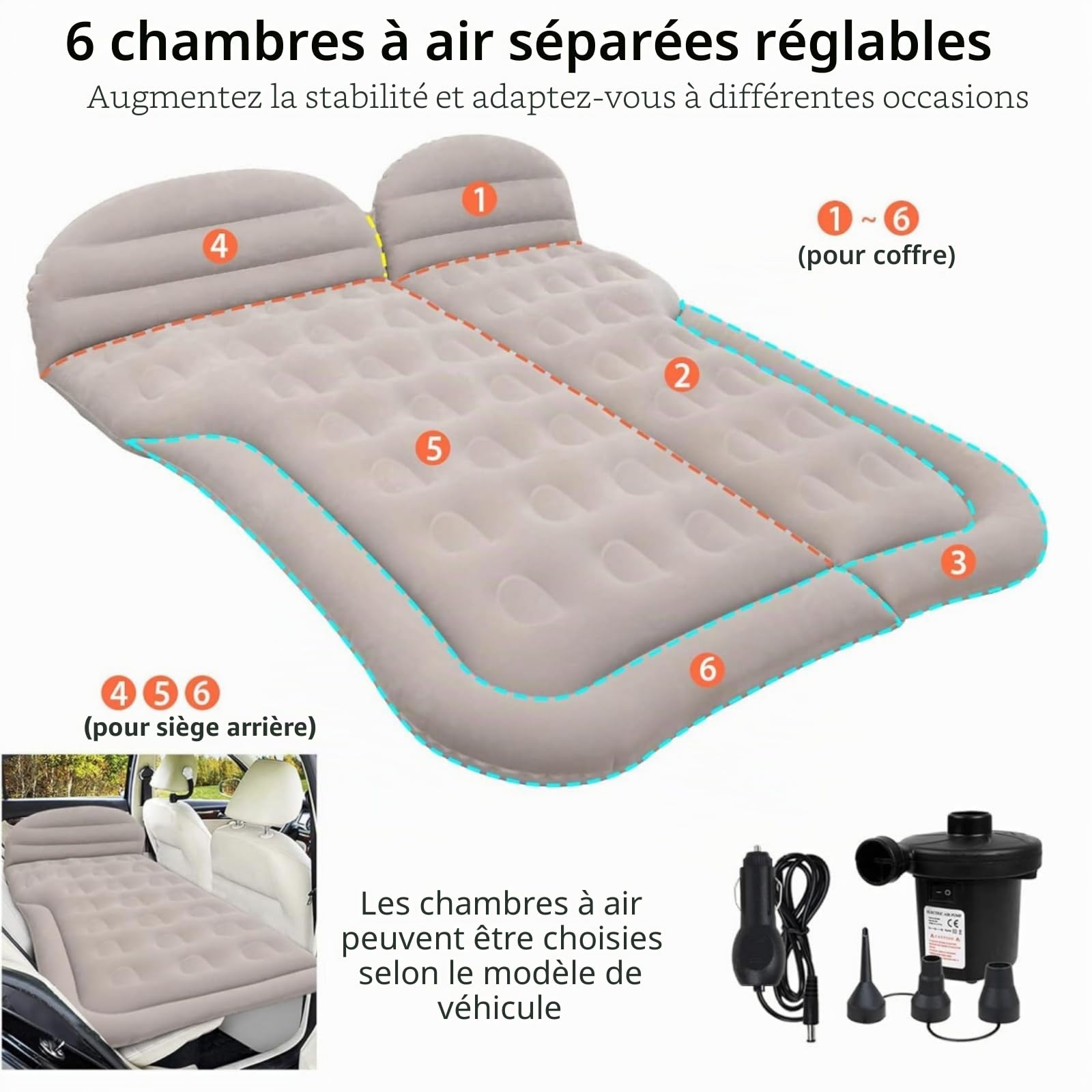 Matelas gonflable pour voiture avec pompe à air et 2 oreillers, matelas d'air universel pour coffre et SUV, camping, voyages, extérieur, 175 cm x 130 cm, couleur gris