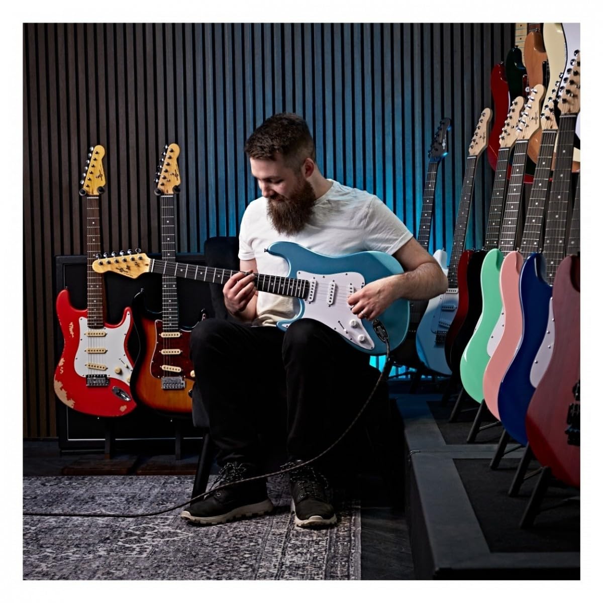 Guitare électrique pour gaucher Taille standard + courroie, sacoche, médiators, câble, bleu métallisé