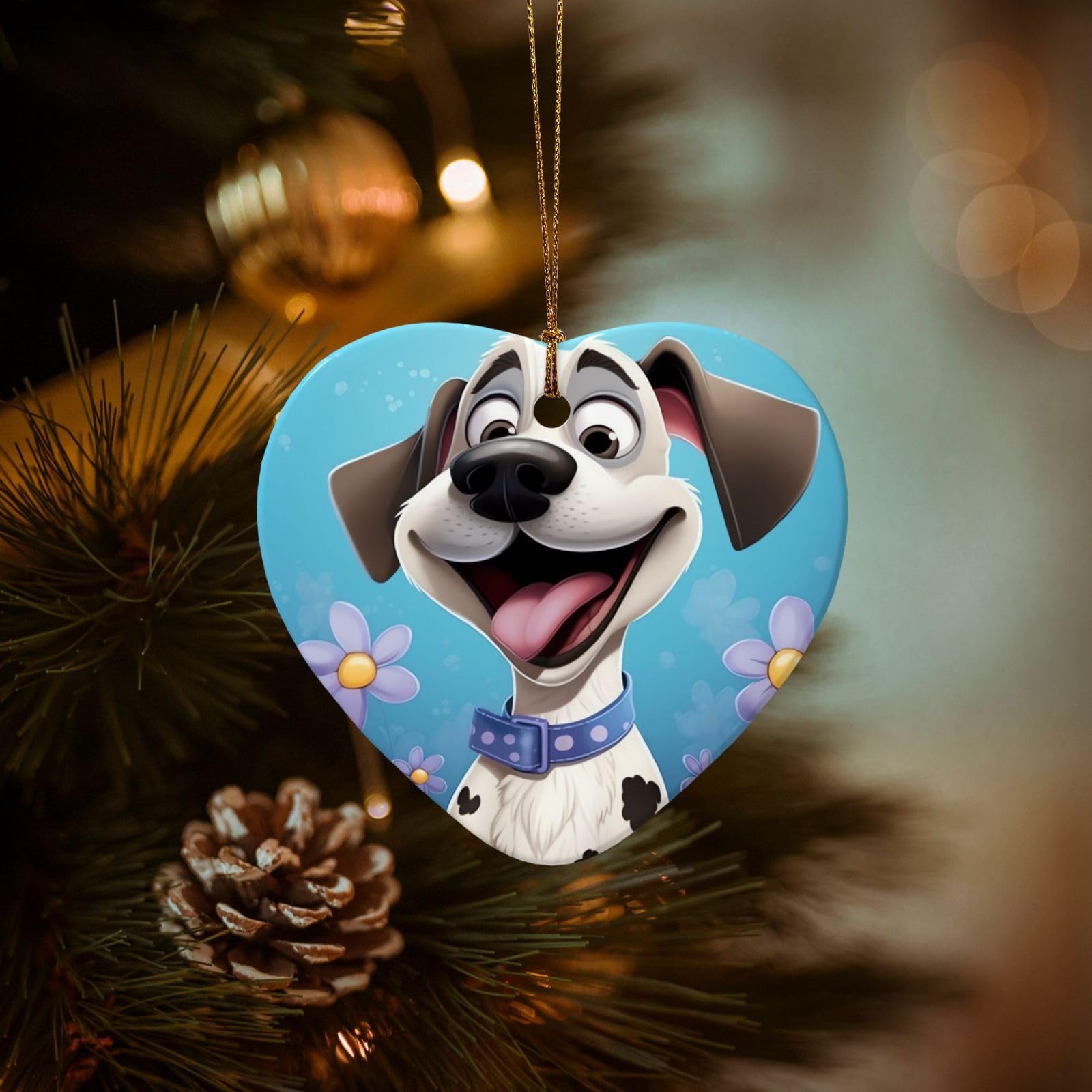 Christmas Tree Ornaments Ceramics Christmas Decorations Dog Ornaments with Gold Ribbon Porcelain Xmas Tree Crafts Heart Shape Hanging Pendant for Christmas Tree Party Decor