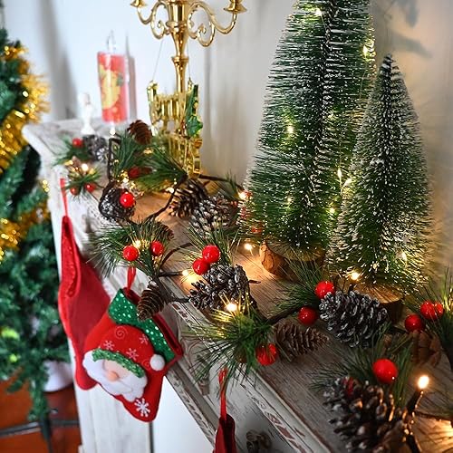Miniatura 2 de Guirnalda de luces de Navidad de 6.56 pies, guirnaldas preiluminadas con cono de pino, bayas rojas, funciona con pilas con guirnalda remota,