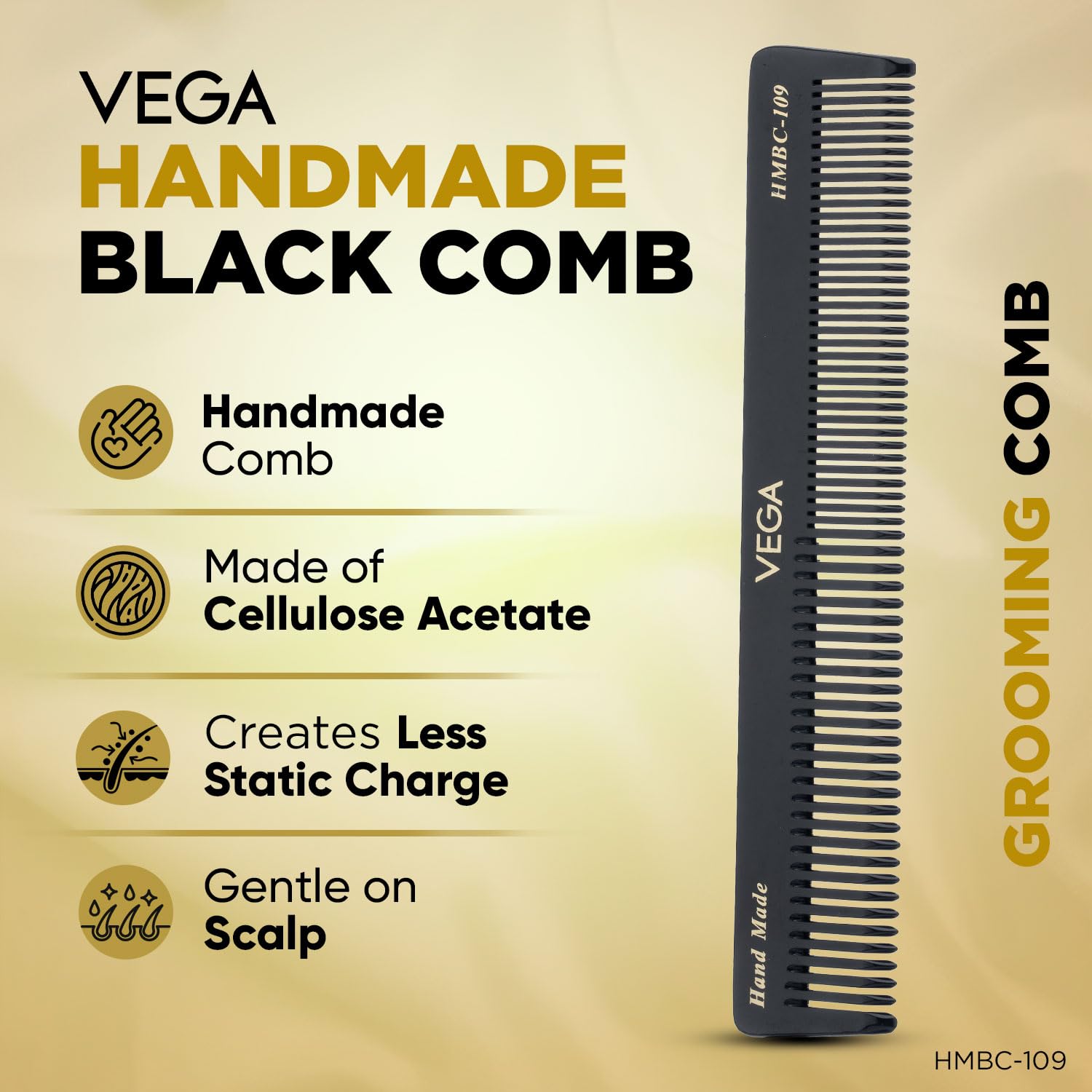 Vega Handcrafted General Grooming Hair Comb for Men & Women, Detangling, Daily Grooming | Cellulose Acetate Derived Non-petroleum Based Material from Plant, (India's No.1* Hair Comb Brand, HMBC-109) 1