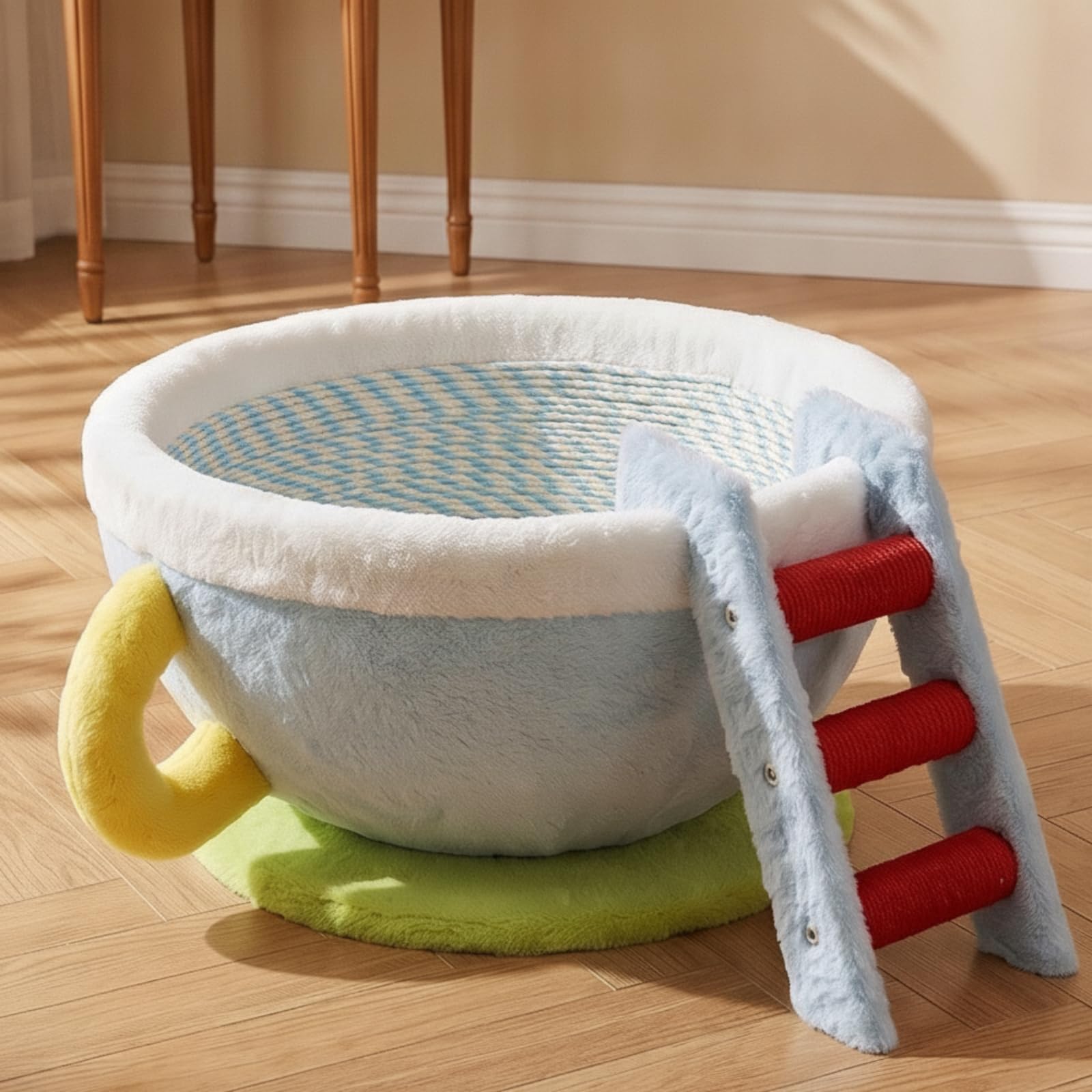 kowaku Griffoir Lit Tasse Corbeille Bol Confort Grattoir Texturé Moelleux en Peluche et Sisal Facile à Déplacer Adapté au, 40 40 21cm, Tasse À Café Bleue - Échelle en Corde Enroulée