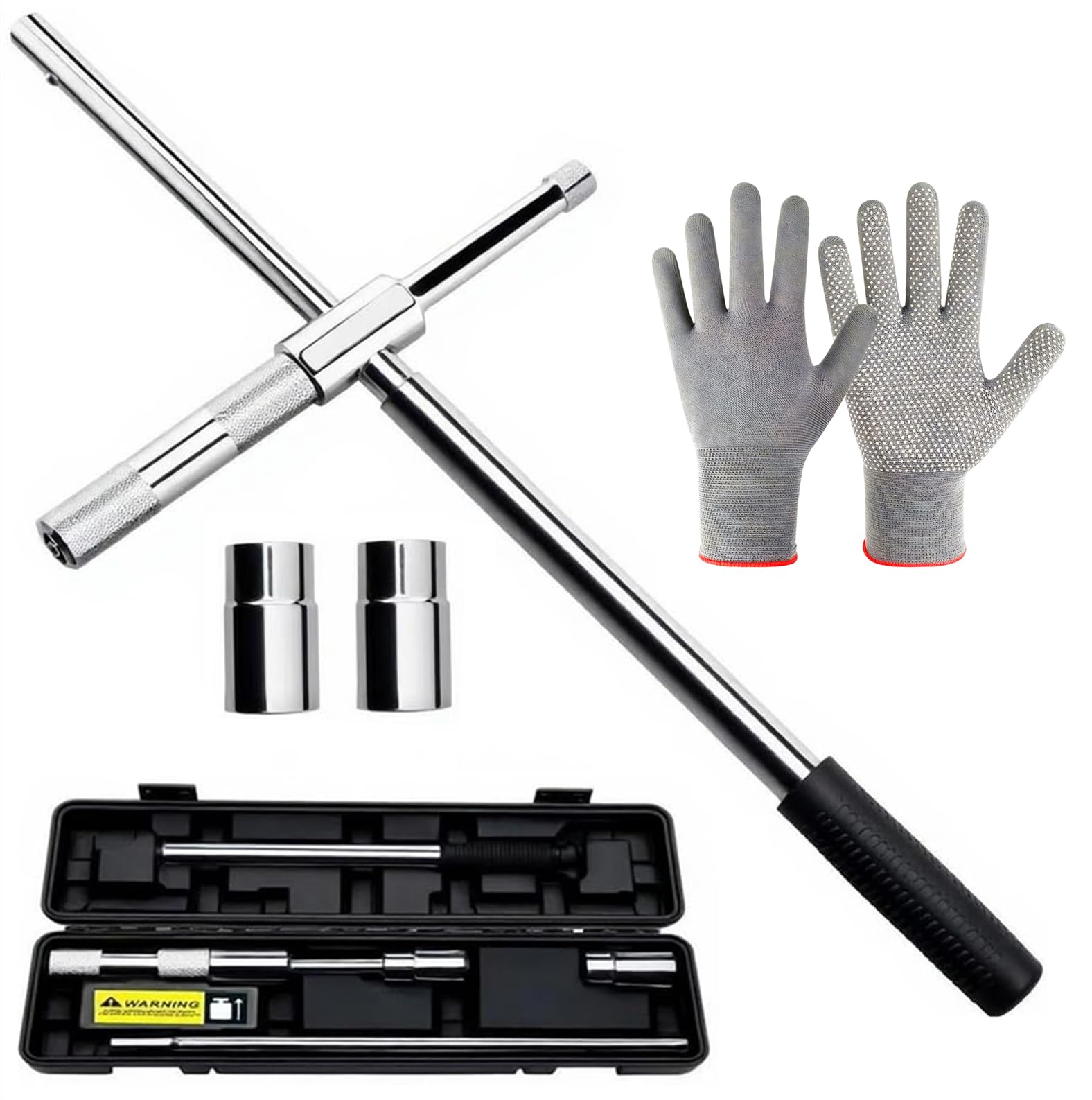 KickFun 25'' Extended Lug Wrench with Blow Storage Case, 4 Way Wheel Nut Wrench with Standard Sockets (17mm, 19mm, 21mm & 23mm), Labor Saving Tire Iron Tyre Wrench