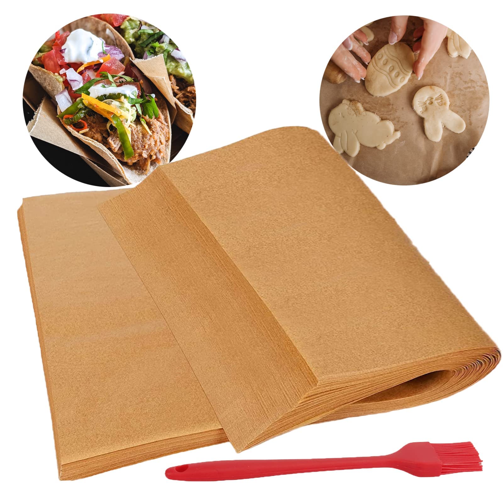 TYCA Parchment Paper, 100 PCS Parchment Paper Sheet 12×16 Inch, Unbleached Parchment Paper with a Silicone Brush, Suitable for Baking, Cooking, Steaming, Air Fryer, Grilling, Roasting, Cookies