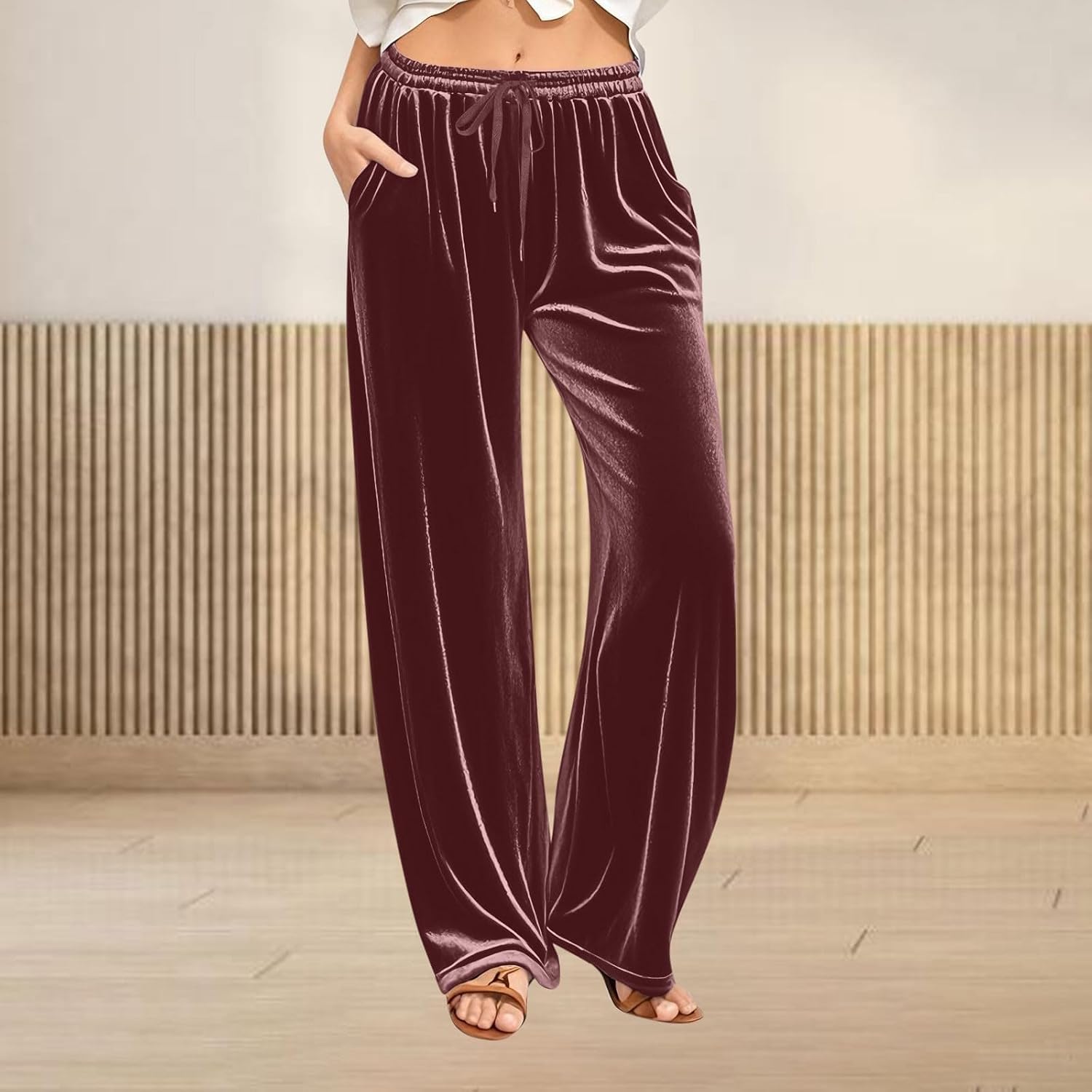 Womens Pants Velvet Wide Leg Trendy Sweatpants Baggy Lounge Trousers Drawstring Loose Fit Summer Soft Bottoms with Pockets