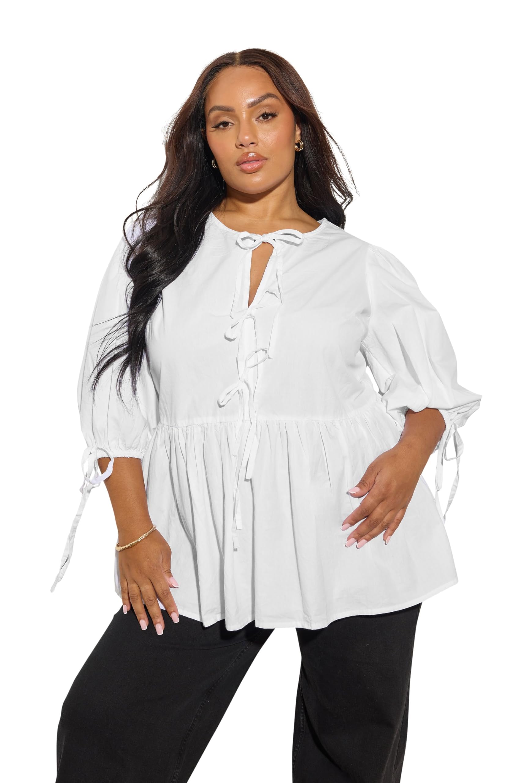 Yours Curve Bow Tie Detail Top - Women's - Plus Size Curve White