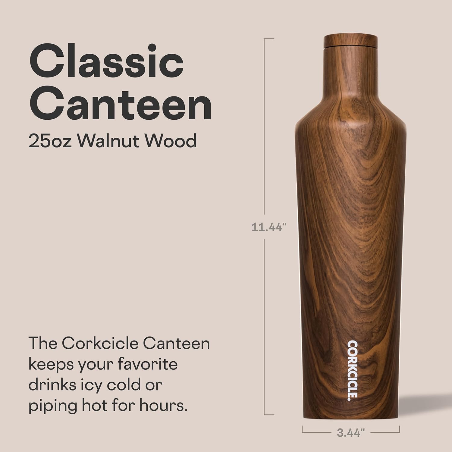 Corkcicle Classic Canteen Insulated Water Bottle - Stainless Steel Reusable Tumbler - Triple Insulated - Keeps Drinks Cold 25 Hours or Hot 12 Hours - Cupholder Friendly - Walnut Wood - 25 oz