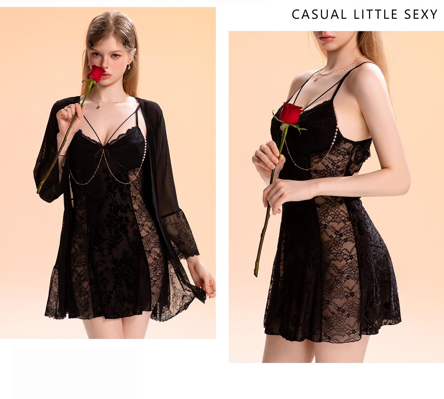Bata Mujer Verano Conjunto De Vestido/Bata Lencero De Malla Transparente con Cadena De Perlas Y Encaje Calado