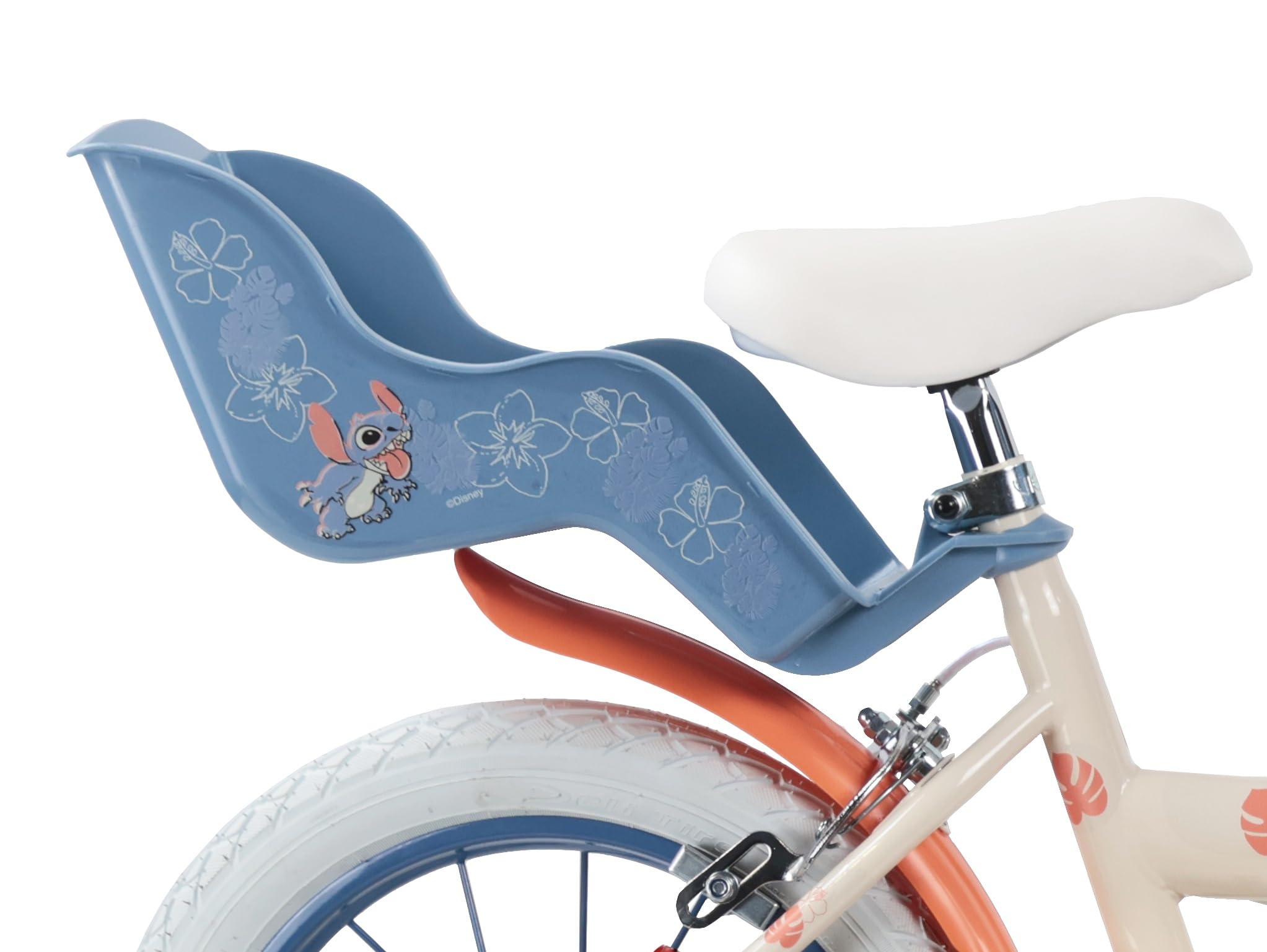 Disney Vélo 14'' Fille Licence Stitch de livré avec Son Casque - 2 Freins Caliper - Pneus Gonflables - Panier Avant - Porte-poupée arrière - Garde-Boue - 2 Stabilisateurs