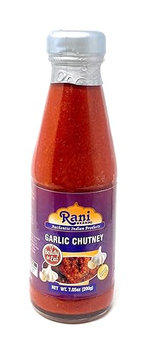 Rani Garlic Chutney - Tarro de vidrio de 7 onzas (7.05 oz), vegano, perfecto para sumergir, platos salados y papas fritas, sin gluten, sin OMG, sin