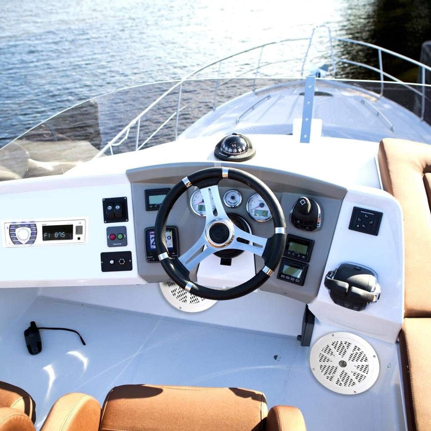 Pyle PLMRKT36WT 5.25 Inch Waterproof Bluetooth Marine Stereo Receiver and Speaker Kit with Hands Free Calling and Wireless Streaming, AM/FM Radio, MP3/USB/SD Input, White (2 Pack)