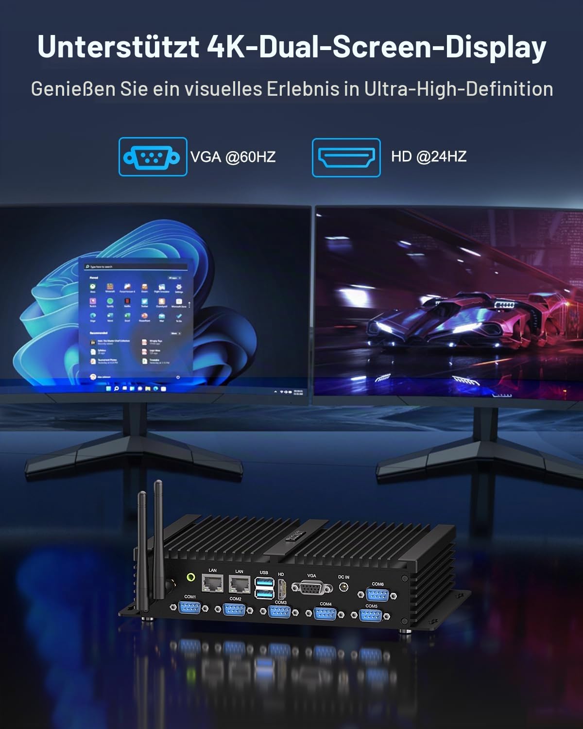 Fanless Mini PC, Industrie Computer with i7-8550U, Lüfterloser PC 8GB RAM 256GB SSD, 2 x 2.5G Gigabit Ethernet, Mini Computer Auto Power on